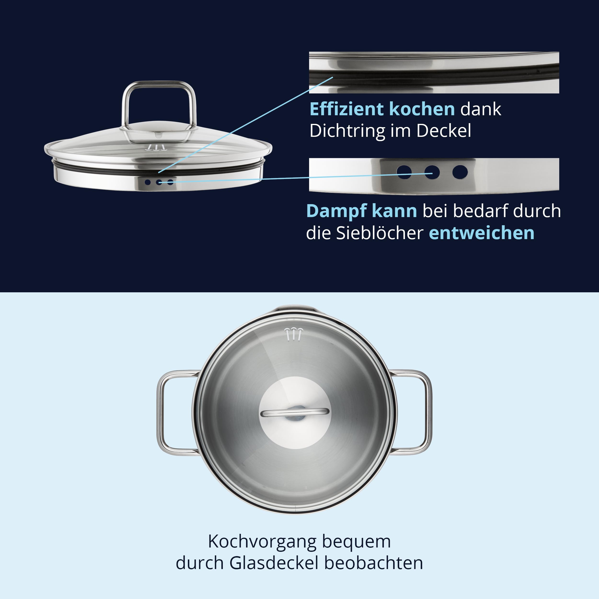 KHG Topfset 5-teilig Edelstahl, Innenskala, Kasserolle, für Küche und Herd | mit Dünsteinsatz zum Dampfgaren, Induktion Kochtopf 16 cm, 20 cm, 24 cm, Glasdeckel mit Dichtring und Sieb, für Zuhause