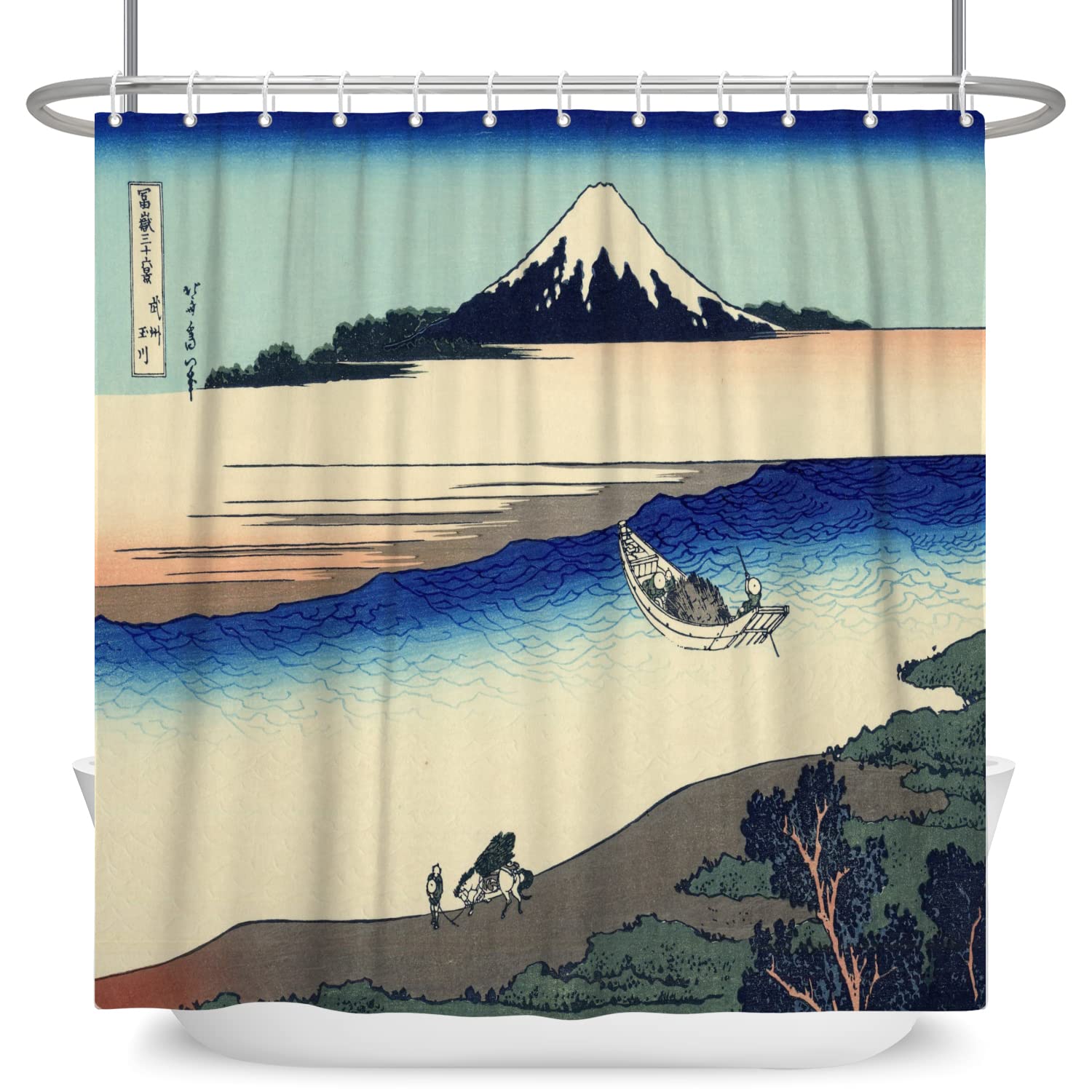 SDOTPMT 72x72inch Japanese Ukiyo-e Anime Theme Shower Curtain Mount Fuji Kanagawa Ocean Scenery Island Bath Curtain Orient Traditional Ethnic Shower Curtain for Bathroom Polyester with Hooks