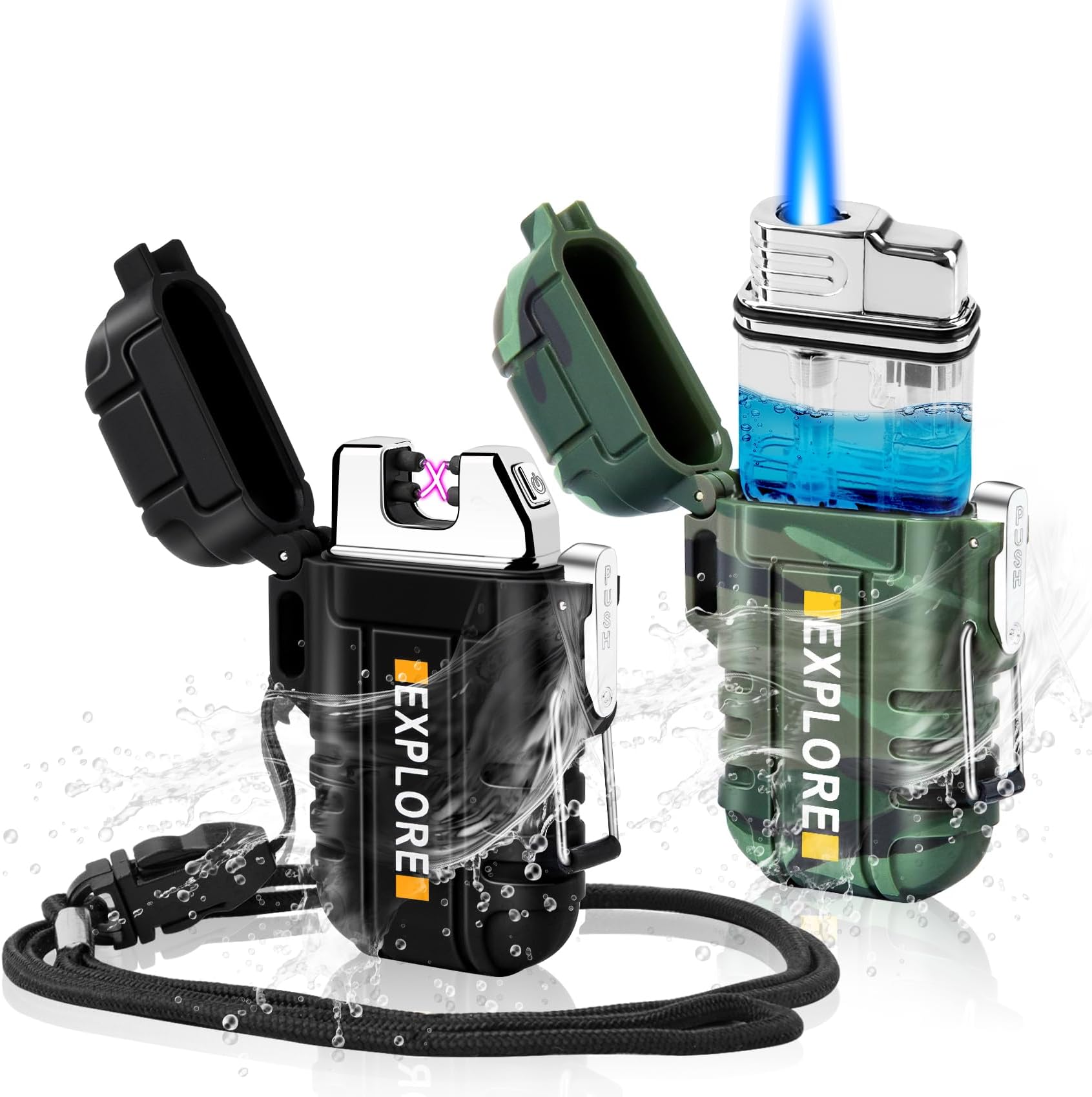 LcFun 2 Pack Outdoor Lighter Waterproof, Windproof Electric USB Rechargeable Dual Arc Plasma Lighter, Refillable Butane Torch Lighters, Survival Tactical Gear Gadgets for Men for Camping, Hiking