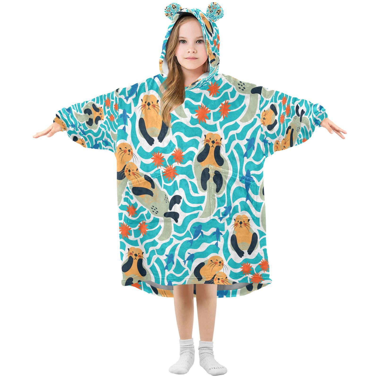 Lovely Sea Otters Fishes Wearable Blanket Hoodie Kids Oversized Flannel Blanket Sweatshirt with Large Pocket, Boy Girl Gift L