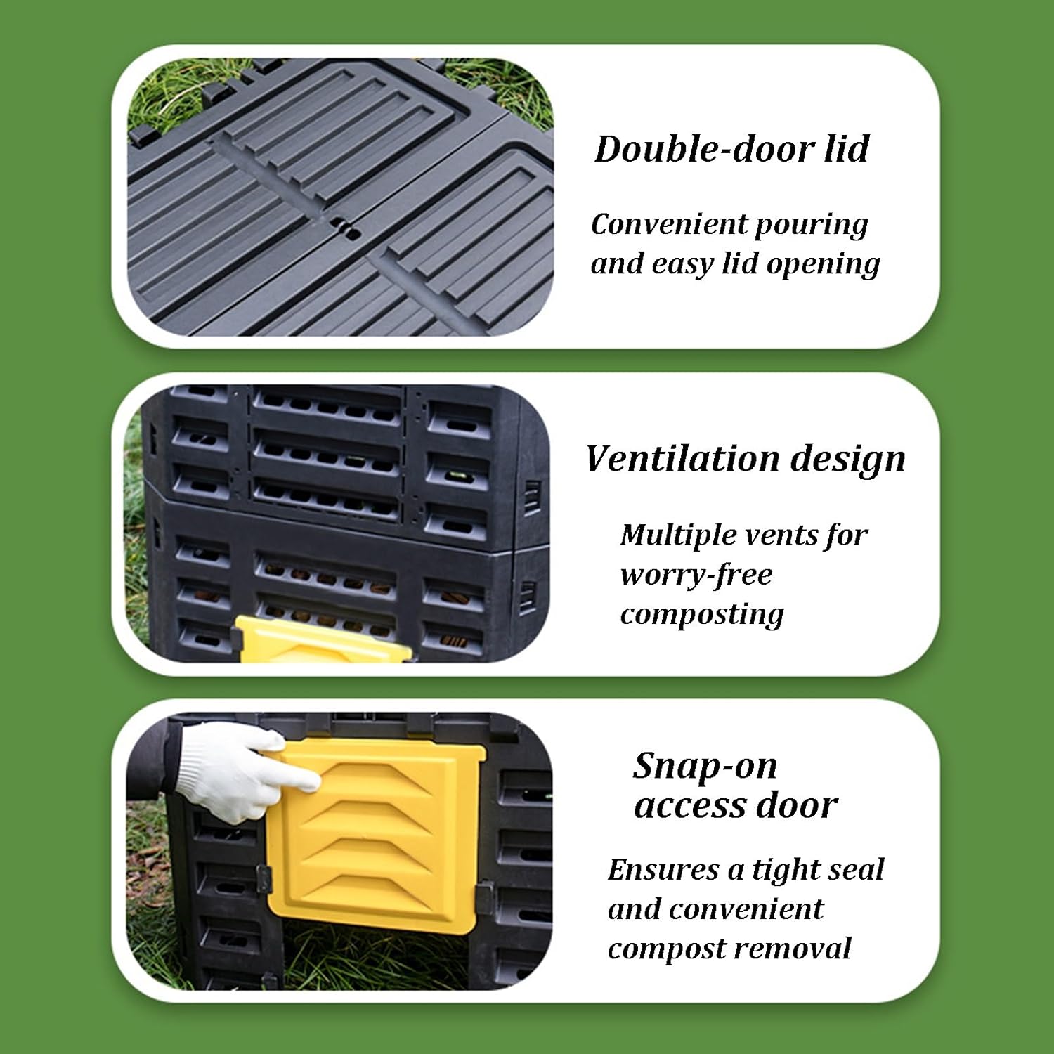 Garden Compost Bin, Outdoor Large Capacity Composter, Efficient Ventilation System, Double Door Lid Design, Easy Assembly, for Garden, Kitchen, and Yard Waste(Black,180L)