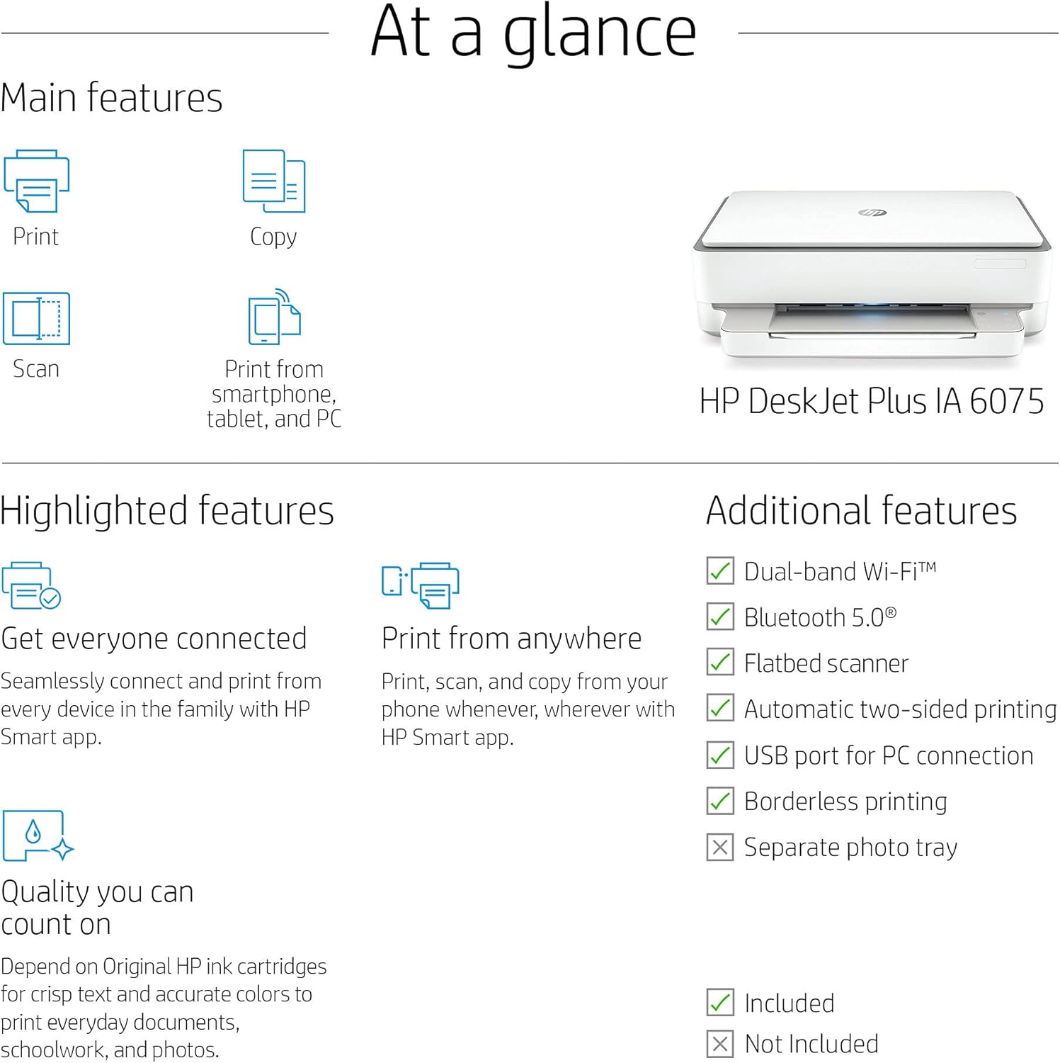 HP DeskJet Plus Ink Advantage 6075 Printer, All-in-One, Wireless, Print, Copy & Scan Inkjet Printer, White, Standard 2026 - view 5