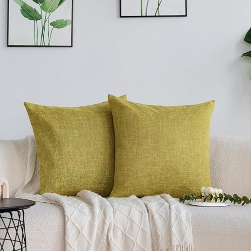 Miniatura 3 de Juego de 4 fundas de almohada decorativas de lino con textura neutra de 18 x 18 pulgadas, color verde claro, fundas de almohada cuadradas para sofá,