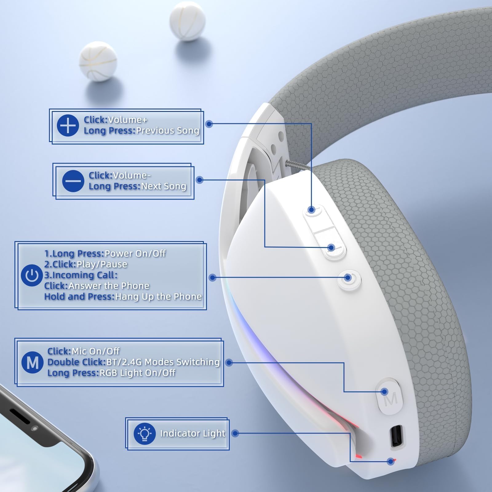 ATTACK SHARK L90 Auricolari Gaming Wireless Ultraleggeri, BT, 2.4G, 3.5mm Cablati, RGB Pieghevoli, 7.1 Surround Sound Over-Ear con Microfono Rimovibile per la Cancella Rumore, per PC, Mobile - Bianco