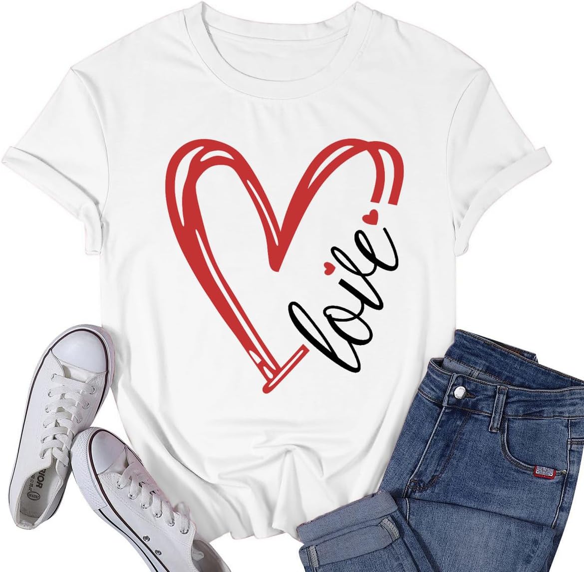 CQF Valentines Day Shirt for Women Love Heart Printed T-Shirts Casual Summer Tee Tops