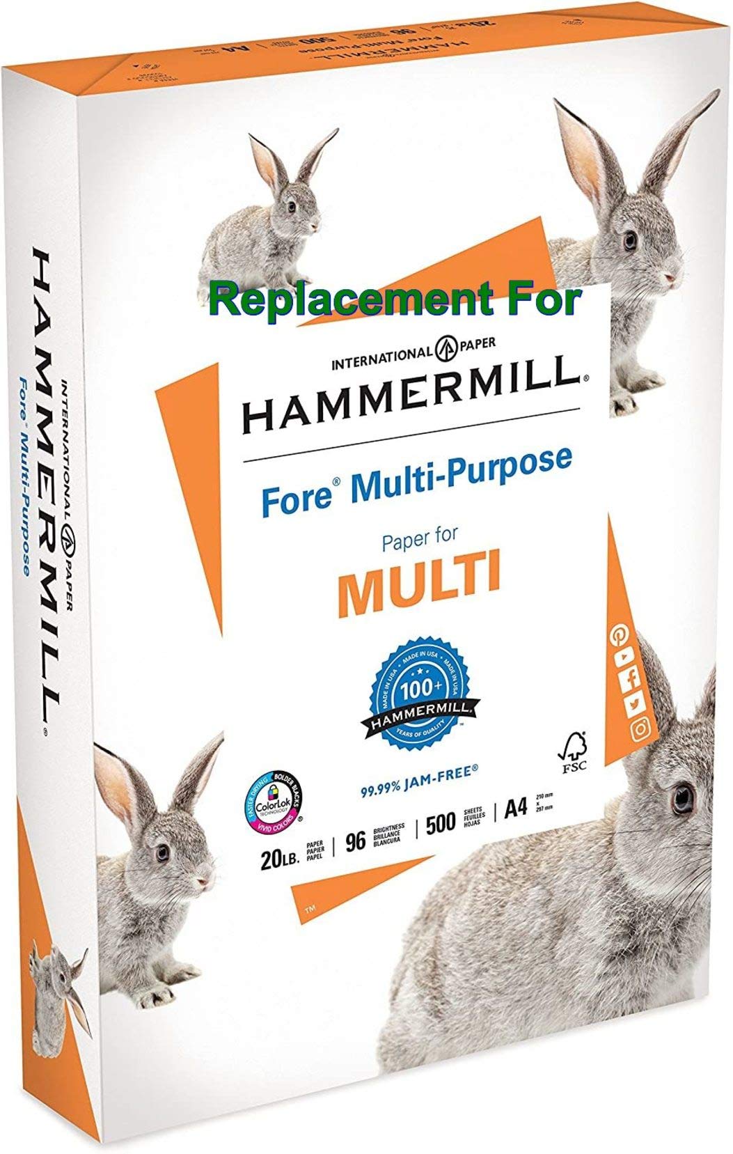 Replacement For Hammermill Fore Multi-Purpose 20 Pound Copy Paper, A4, 210mm x 297mm, 1 Ream, 500 Sheets, Made in USA, Sourced From American Family Tree Farms, 96 Bright,  Free. (1)