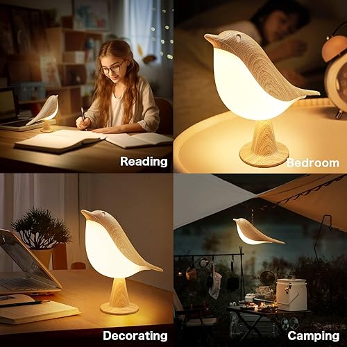 Miniatura 6 de VViN Pequeña lámpara de mesa LED inalámbrica, bonita lámpara de noche de pájaro con atenuador táctil, lámpara de mesa de noche de 3 niveles de
