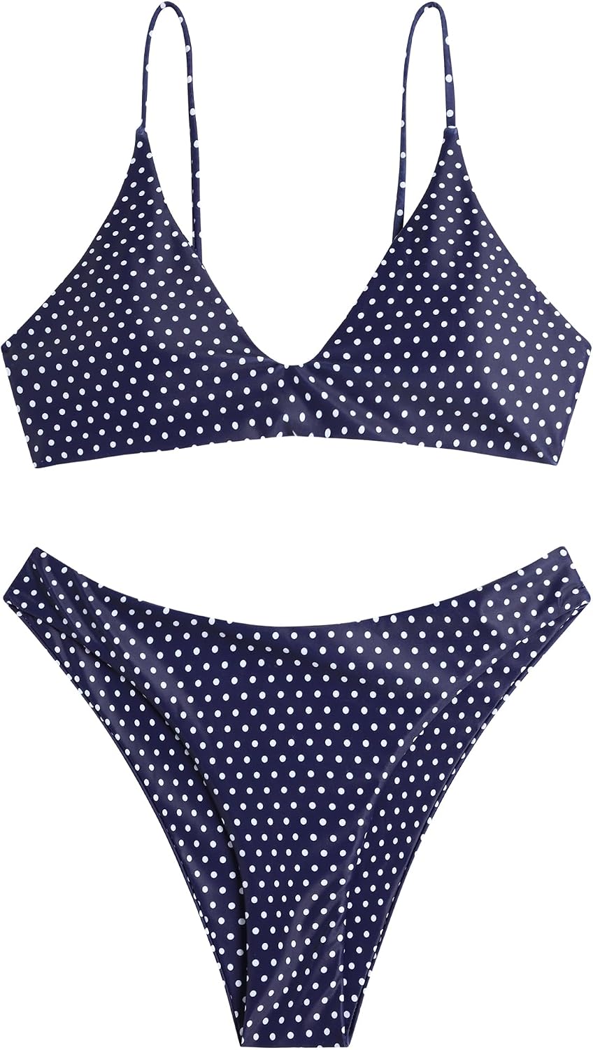 ZAFUL Women's Tie Back Padded High Cut Bralette Bikini Set Two Piece Swimsuit