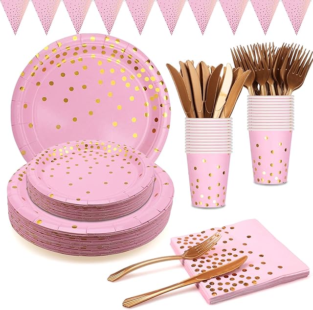 24 Guests Pink and Gold Party Supplies Pink Party Plates Tableware Napkins Cups Reusable Cutlery Banner for Baby Shower Girl 1st 13th 18th Birthday Party Engagement Bridal Shower Pink Paper Plates
