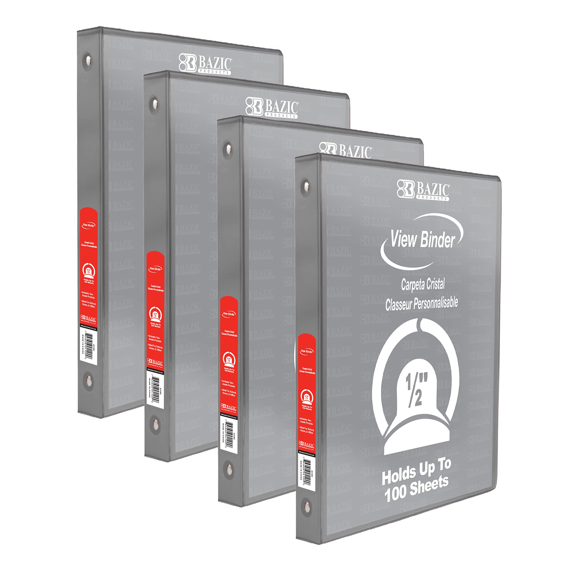BAZIC Products 1/2 in Grey 3-Ring View Binder, Round Ring, 4-Pack