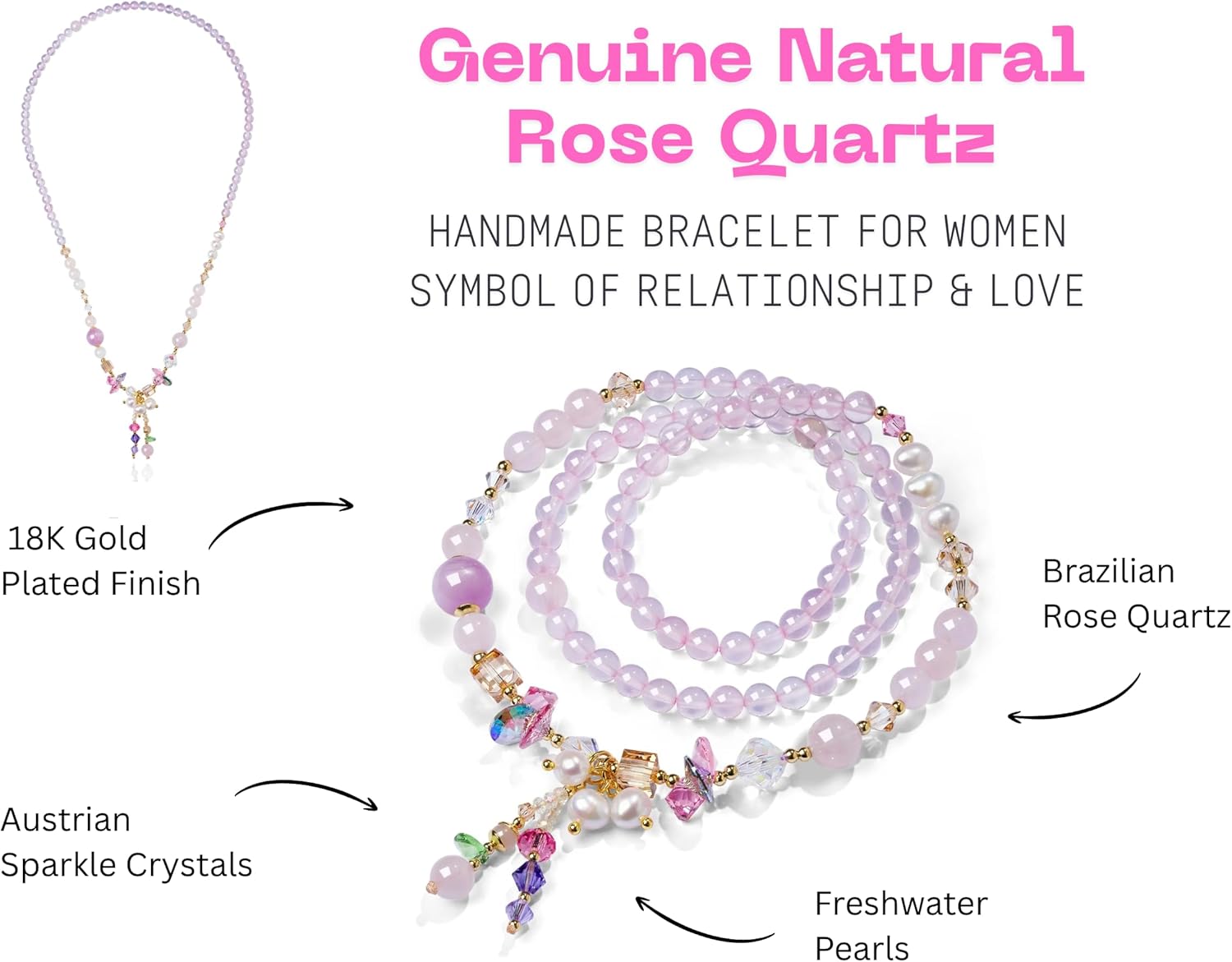 18k Gold Plated Handmade Bracelet-Necklace | Natural Fine Crystal, Freshwater Pealr, Authentic Austrian Crystal | Elegant Jewelry Gift for Women