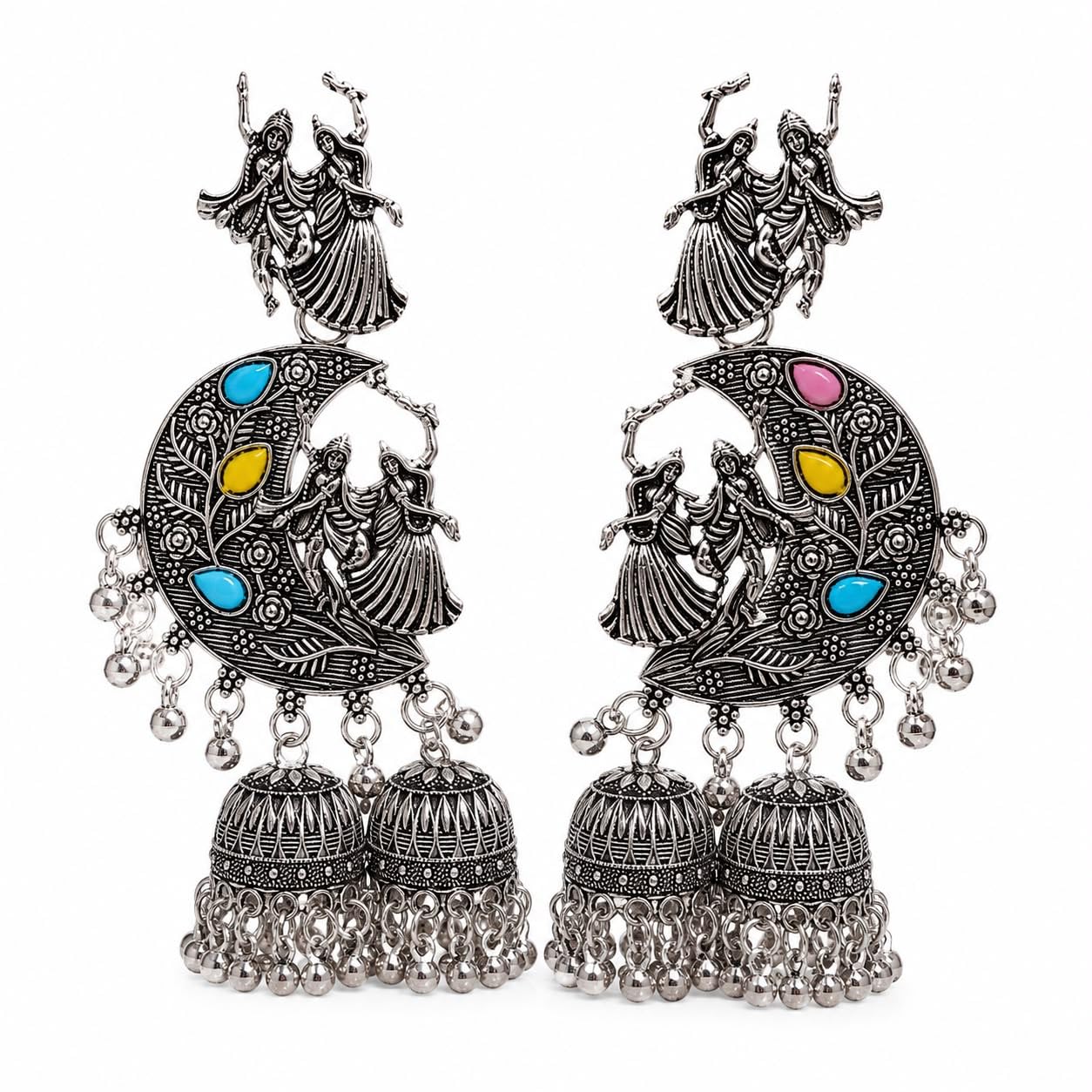 Radha Krishna Oxidised Silver Jhumka Earrings for Women-picture-43