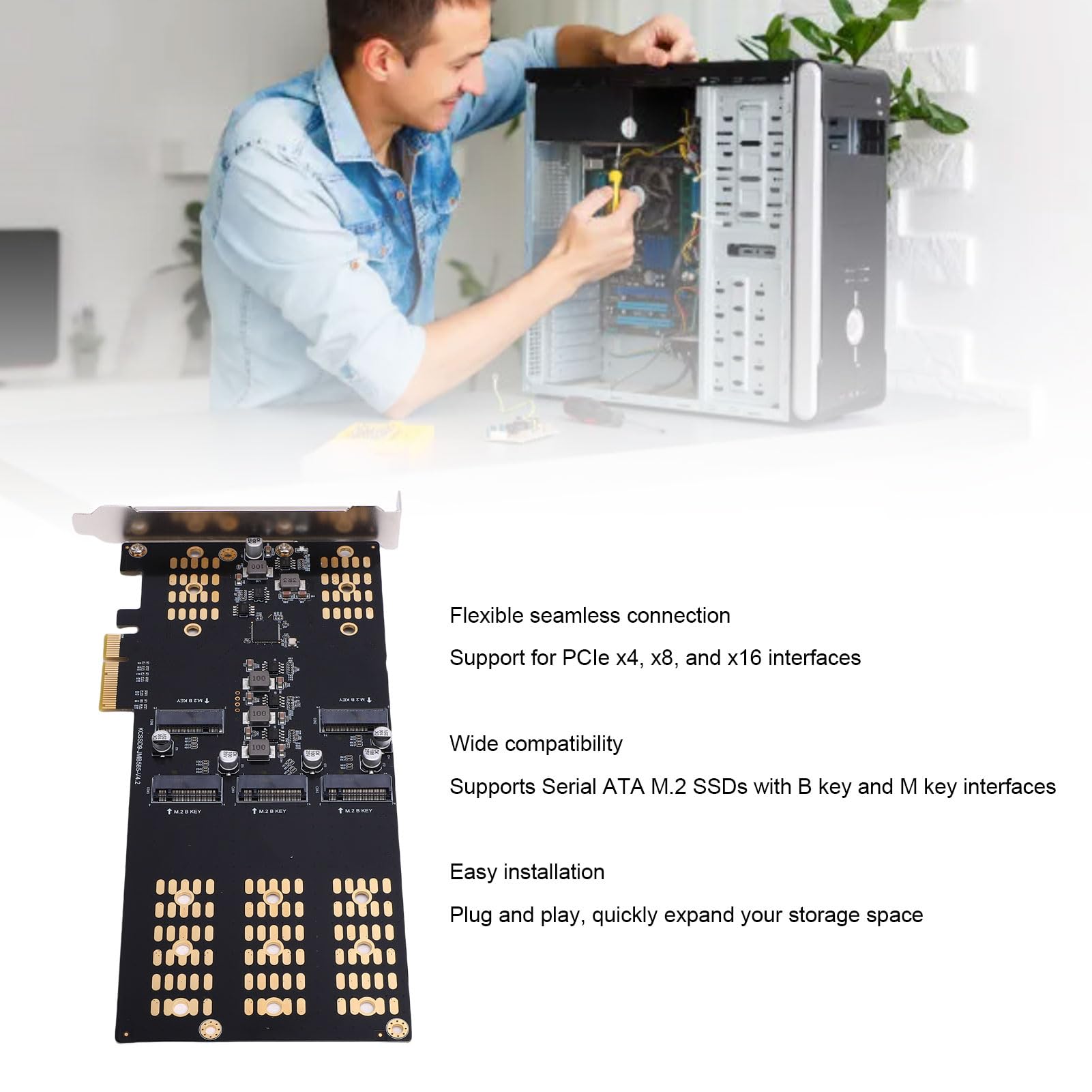 Ejoyous Adapter M.2 PCIe na M.2 SSD PCB Metalowa Karta rozszerzeń PCIe 5 Gniazd Obsługuje Dyski SSD 2280 2260 2242 2230 do Rozbudowy Pamięci Masowej Komputera Stacjonarnego i Przesyłania Danych