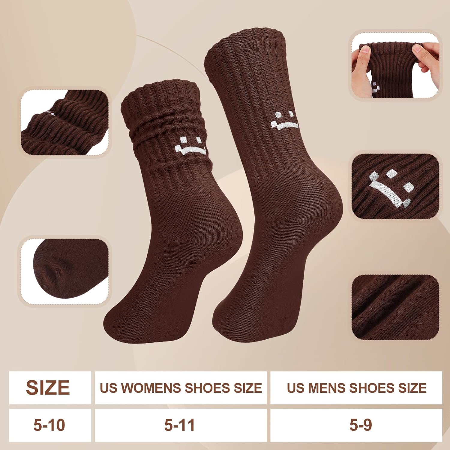 5 Pair Scrunch Crew Socks for Women Retro Cute Boot Socks Brown Smile Face Sock Cotton Chunky Sock for Workout Hospital - Image 4