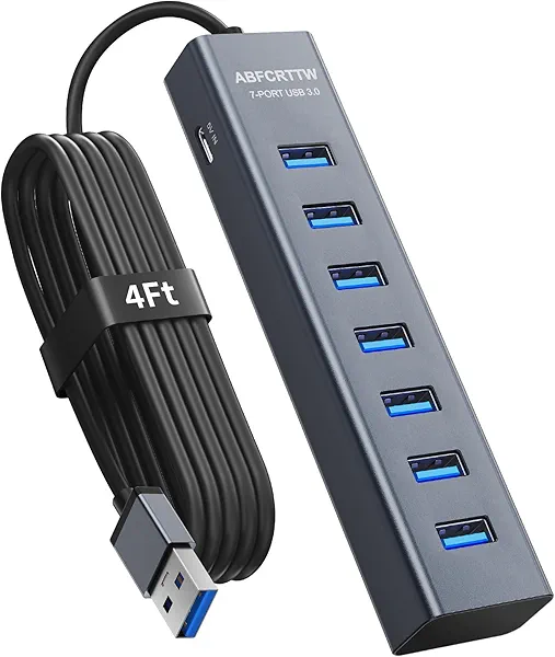 ABFCRTTW 4Ft 7-Port USB 3.0 Hub for Desktop - Aluminium USB Extender Hub 5Gbps, USB Multiport Adapter, USB Splitter, USB Hub Long Cable for Desktop, PC, Flash Drive, Mobile HDD, Windows/XPS, 1.2m