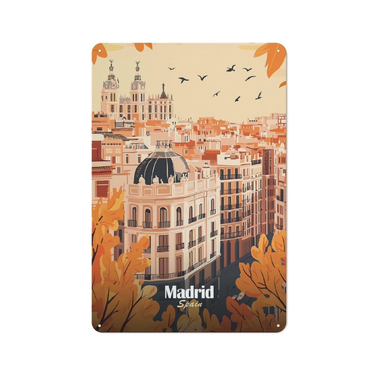 Junmoney Style-15 Garage Style Metal Wall Sign 30X20cm Featuring Madrid Cityscape Illustration, Garage Wall Decor For Garage, Hobby Room, Office Or Man Cave