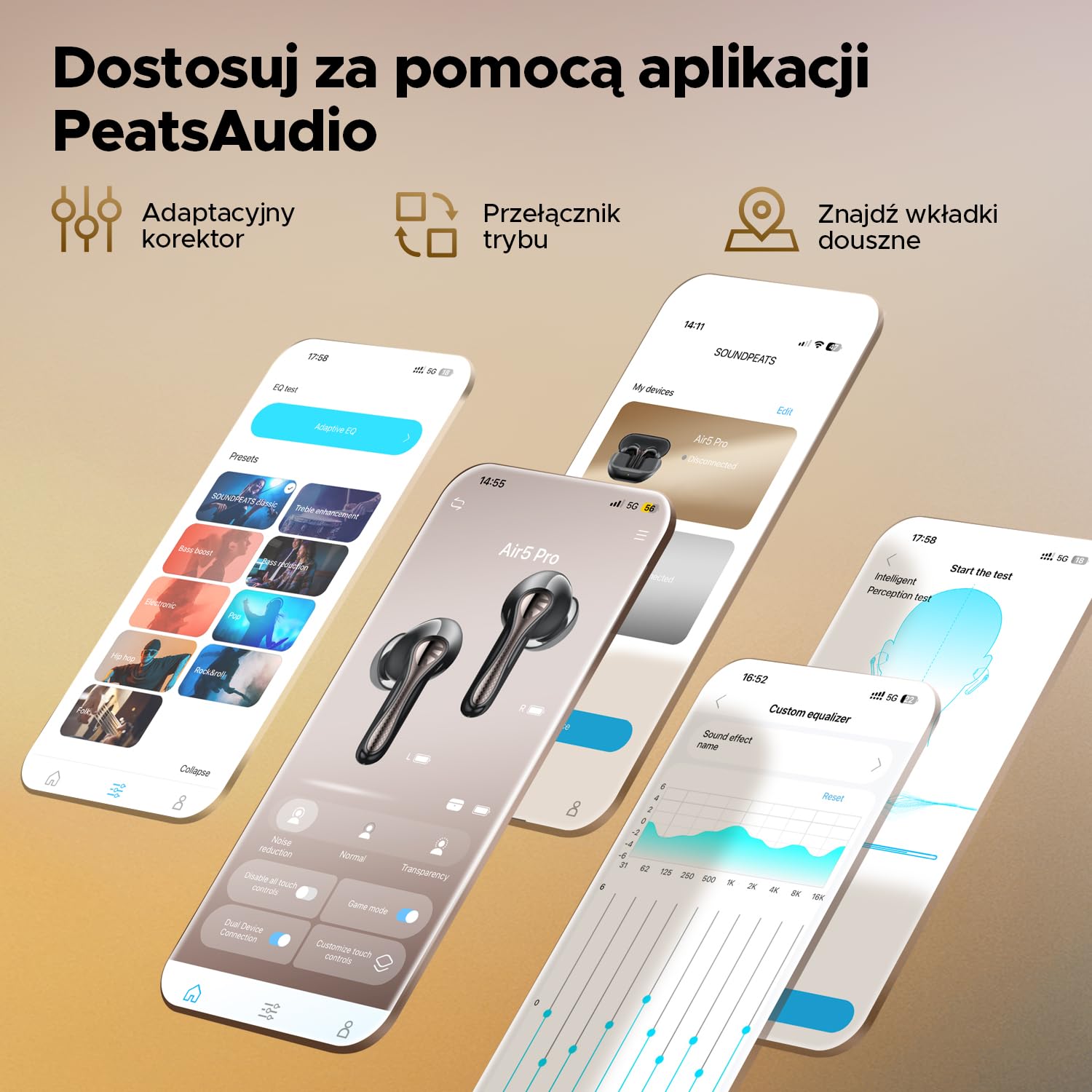 SOUNDPEATS Air5 Pro Bezprzewodowe Słuchawki Douszne z Adaptacyjnym Hybrydowym Tłumieniem Hałasu, Bluetooth 5.4, Hi-Res Audio z aptX Lossless i LDAC, 6 Mikrofony, 37H Czasu Odtwarzania Czarny
