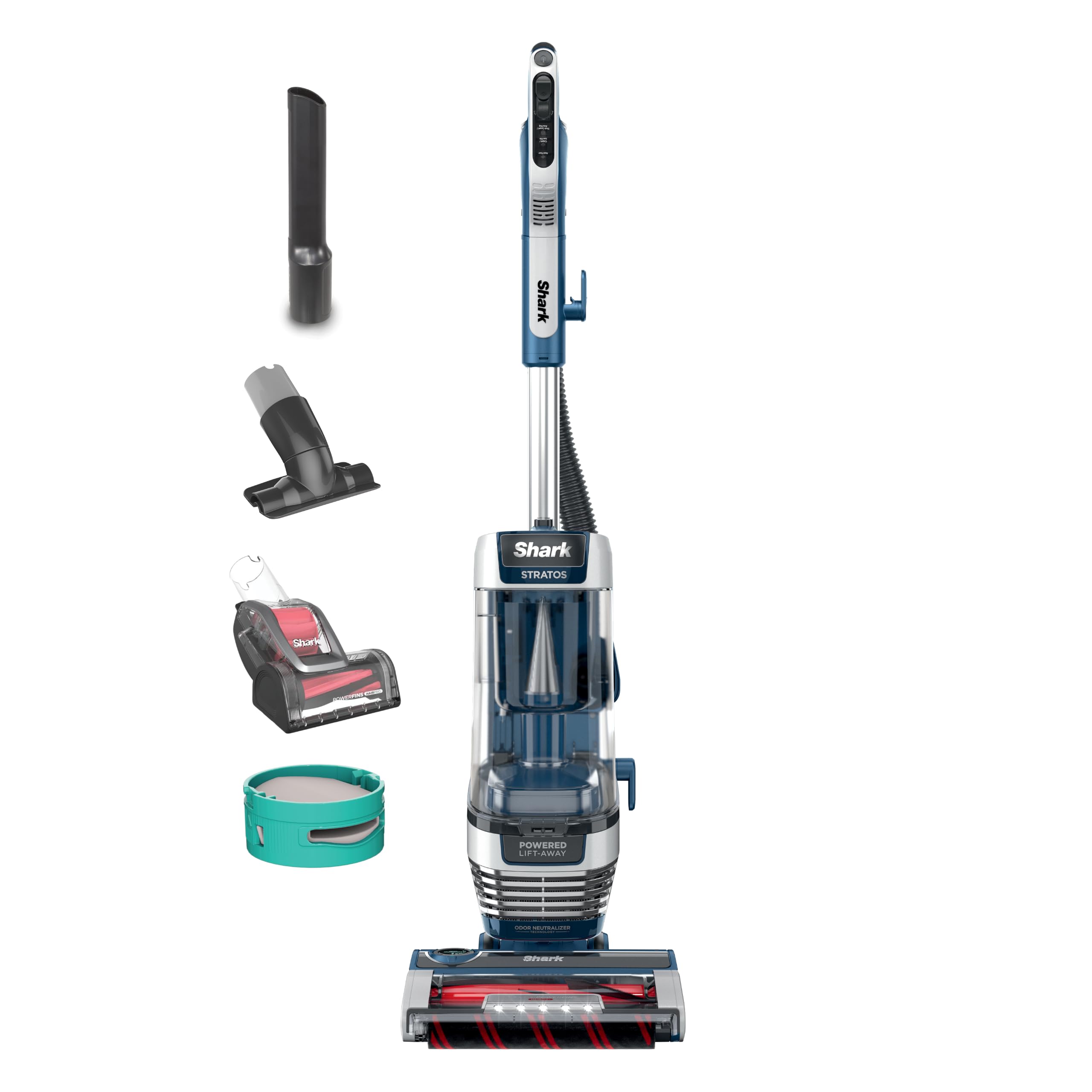 Shark Stratos Upright Vacuum, Powered Lift-Away, HEPA Seal, Navy, AZ3002​ | DuoClean, PowerFins & HairPro, Self-Cleaning Brushroll, Odor Neutralizer, LED Headlights, Easy-Empty Dust Cup, Bonus Tools​