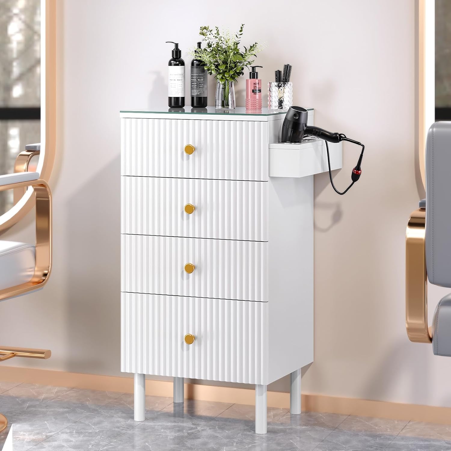 OmySalon Salon Station, Barber Station for Stylist, Hair Storage Cabinet with Glass Top & 4 Drawers & 3 Heat Resistant Tool Holders, For Beauty Spa, Salon, White