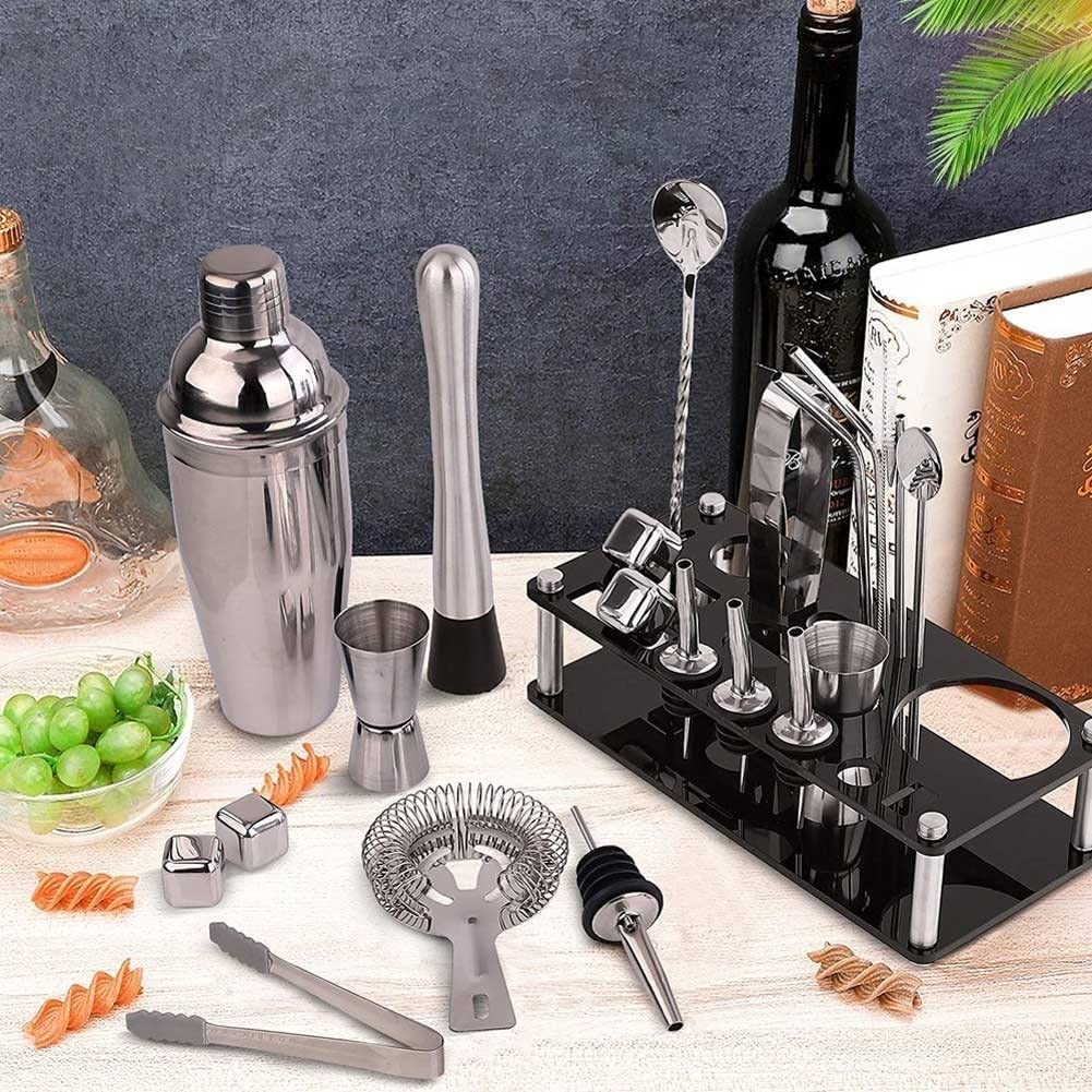 Kit de Barman, Juego de coctelera con Soporte, Juego de Herramientas de Barra: coctelera de Martini de 25 oz, Jigger, mortero, Pinzas para Hielo, colador, vertedor de Licor, Cuchara, sacacorchos,