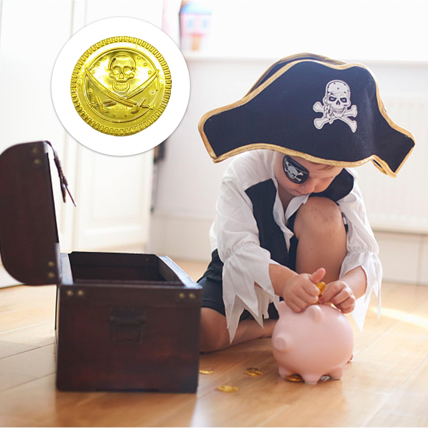 150 Pieces Of Pirate Gold Coins And 1 Piece Of Skull Drawstring Bag, Plastic Toy Gold Coins, Children'S Game Coins - Image 4