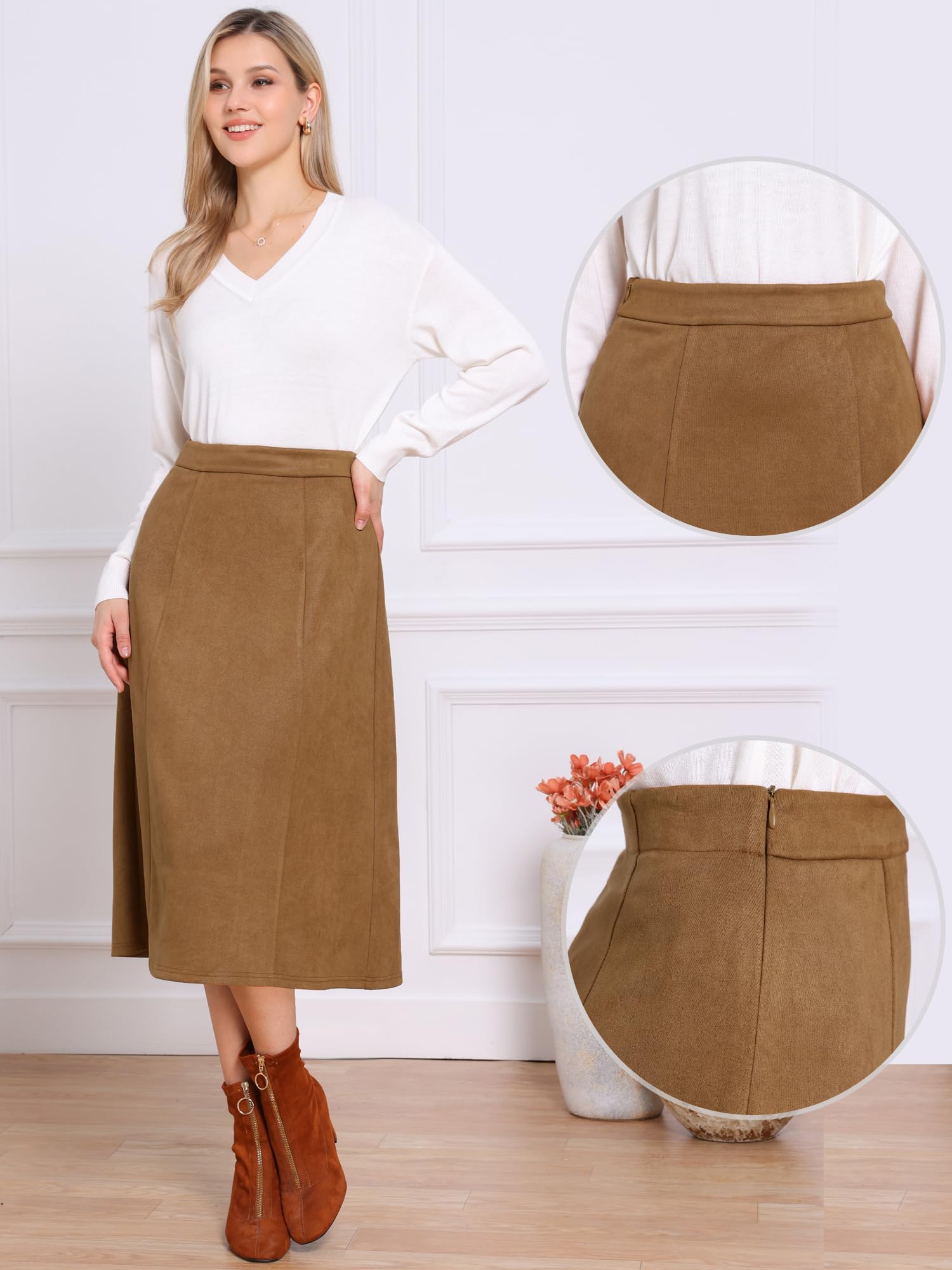 Allegra K Gonne midi in pelle scamosciata per donna da lavoro casual autunno inverno gonna a linea alla moda