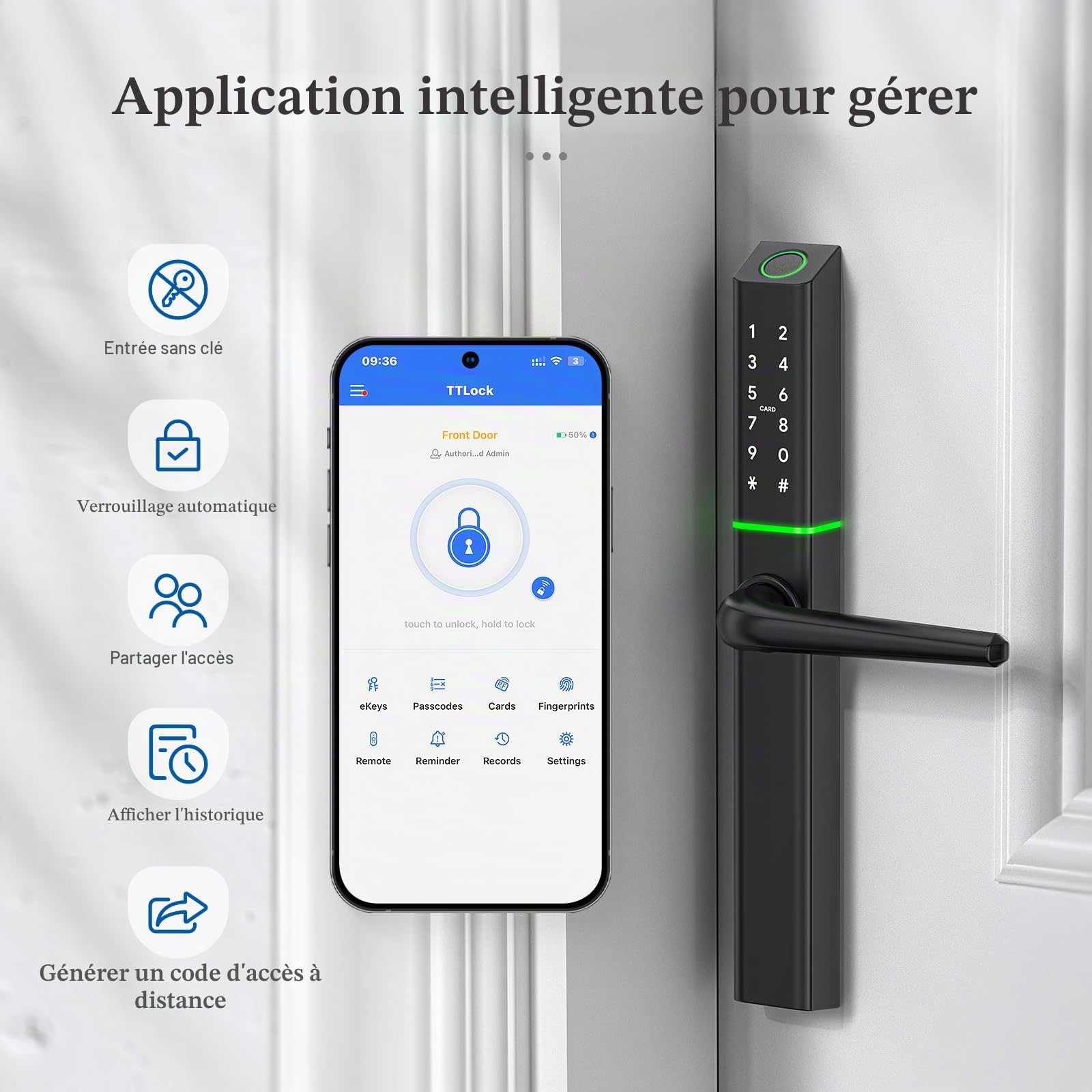 Ruveno Serrure de porte intelligente résistante aux intempéries avec poignée : entrée sans clé par empreinte digitale - serrure de porte à code numérique pour porte en aluminium et en bois - verrou