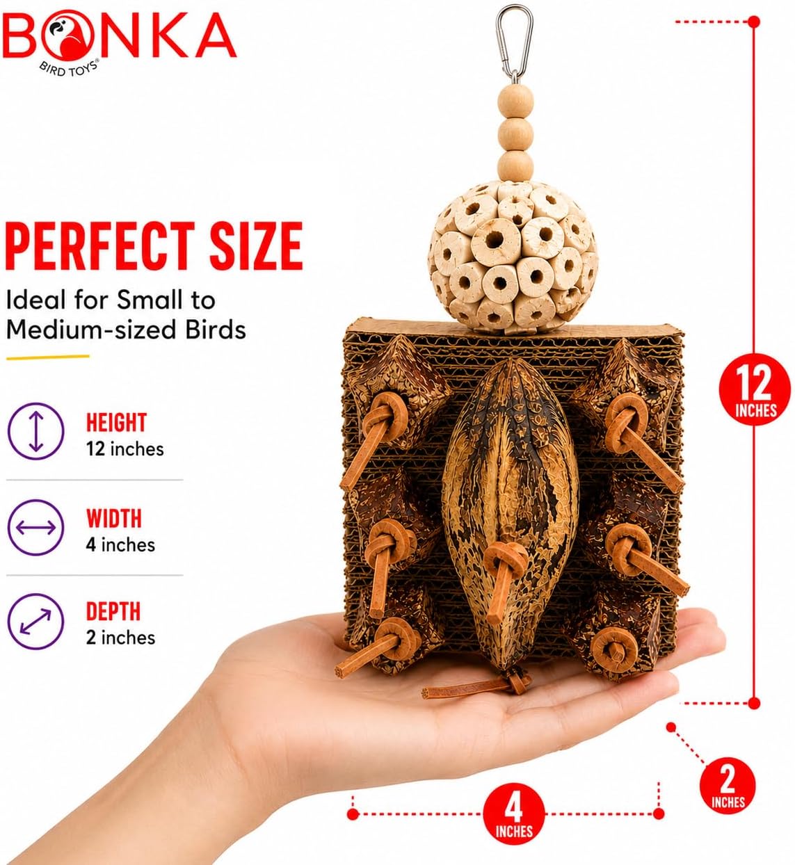 Bonka Bird Toys 1427 Mahogany Forage Block - 12" x 4" x 2" Durable Foraging & Chew Toy for Small to Medium Birds, Includes Sola Ball, Wooden Beads, Soft Leather Strands, Mahogany Chunks & Pods