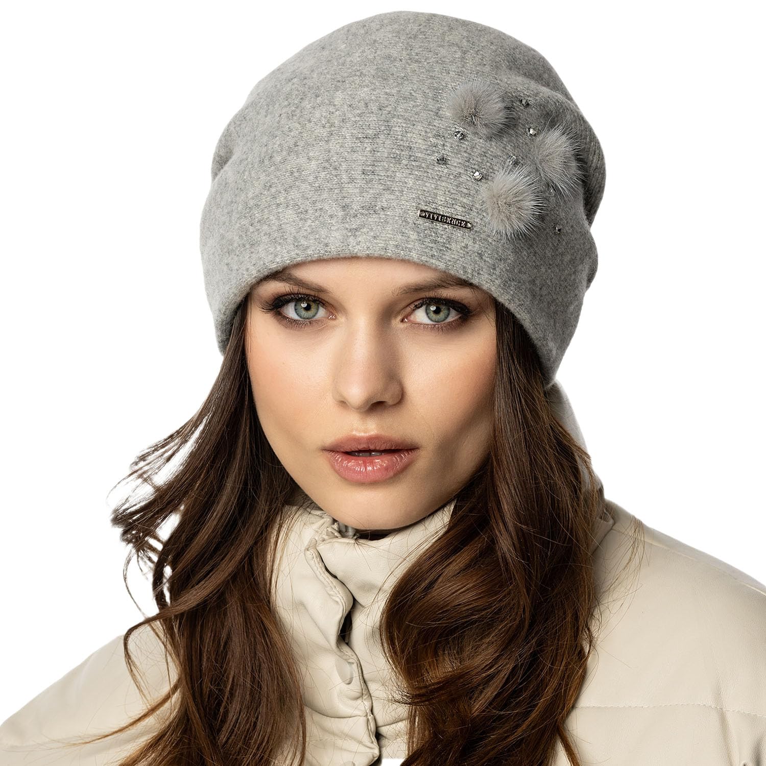 Vivisence Invernale Cappello Elegante da Donna con Fodera Interna Decorato con Tre Pompon in Pelliccia E Zirconi Realizzato in Caldo Filato di Lana Perfettamente Adattabile