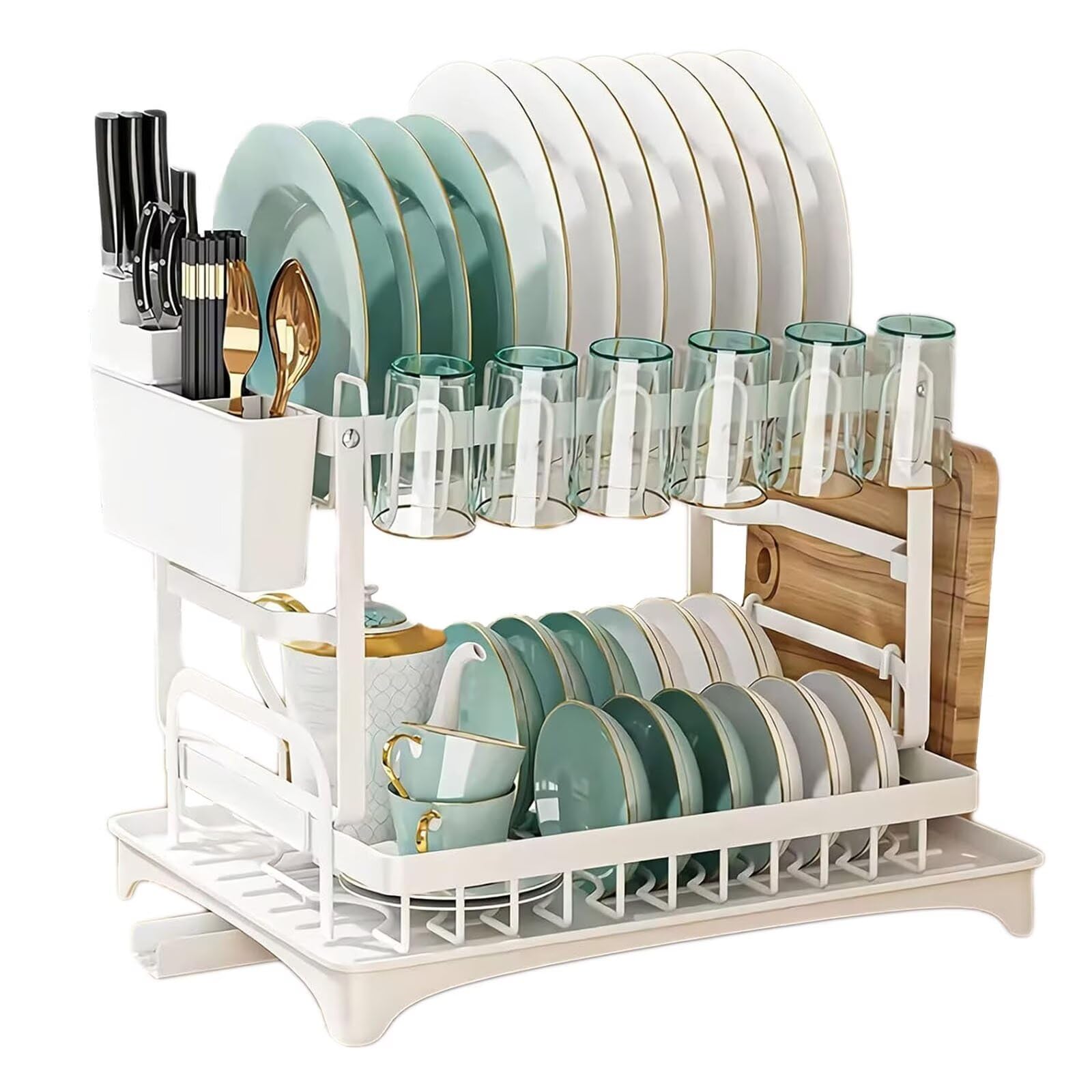Escurreplatos de 2 Niveles, Escurreplatos Acero Inoxidable Cocina, Escurreplatos Blanco, Escurreplatos Plegable con Soporte para Cubiertos Extraible y Caño de Drenaje Giratorio