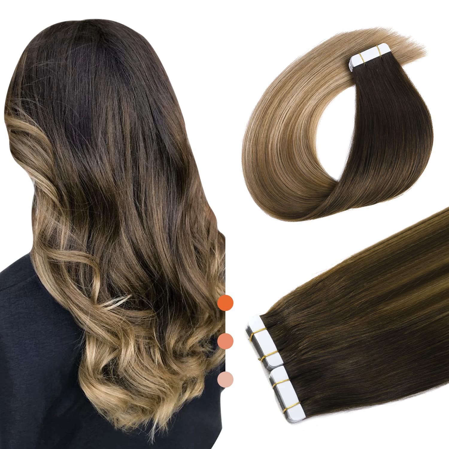 XDhair Tape in Real Human Hair Extensions 20Pcs 50G 22inch Straight Balayage Dark Brown to Chestnut Brown and Dirty Blonde Tape in Extensions for Women (#2/618,22Inch)