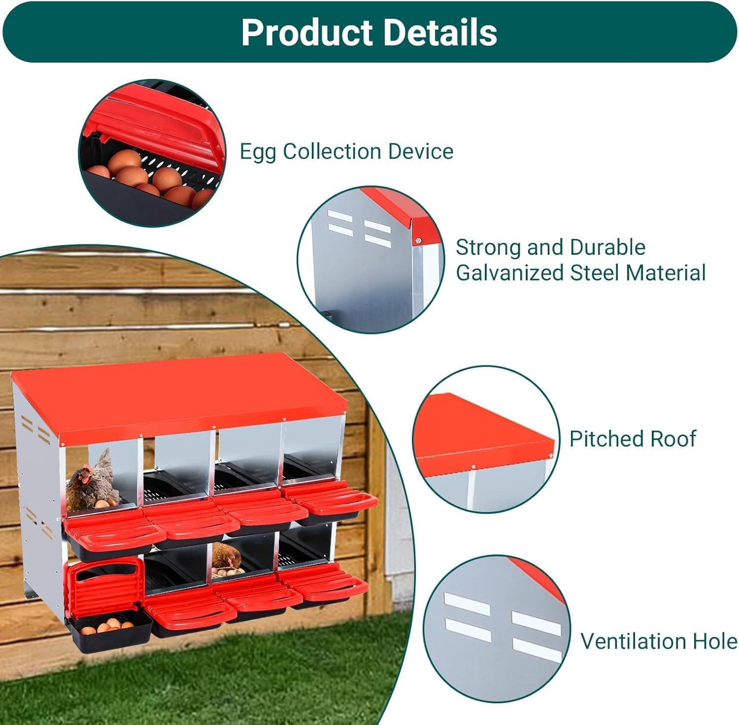Chicken Nesting Boxes, Red 8-Hole Chicken Nest, with Removable Tray, Easy to Clean, Suitable for Hens, Outdoor Chicken Coop, Farm Yard