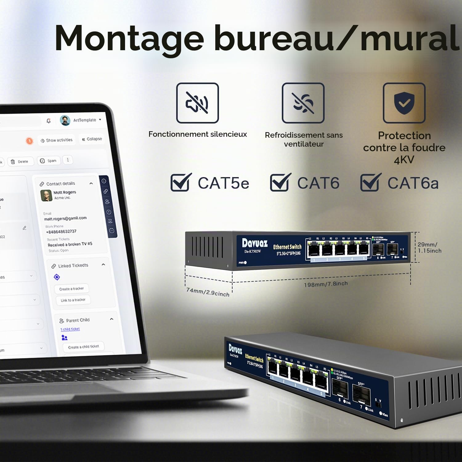 7-Port 2.5G Unmanaged Ethernet Switch with 5 x 2.5G Base-T Ports and 2 x uplink 10G SFP Ports, Compatible with 100/1000/2500Mbps Network Switches,Metal and Fanless, Plug and Play