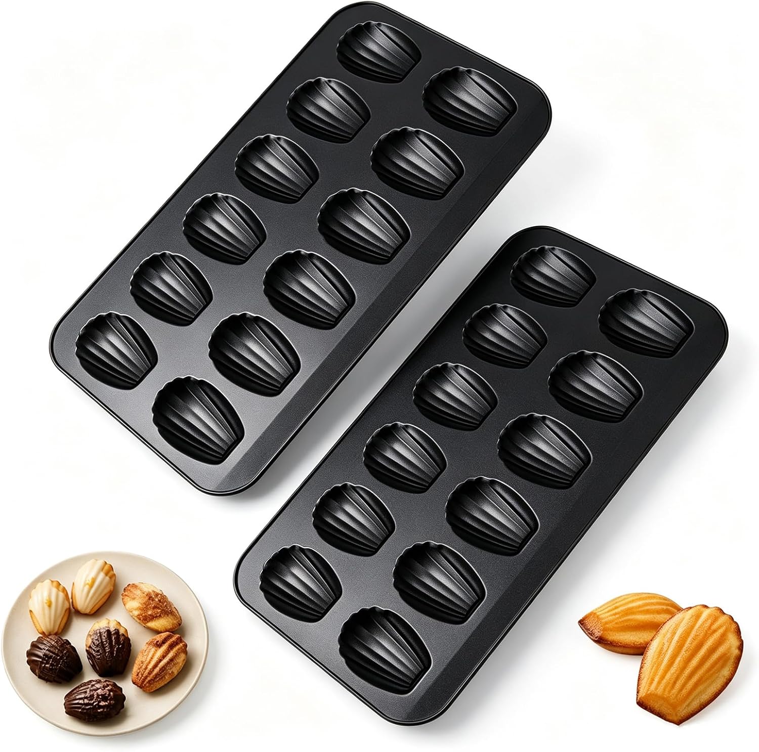 Nonstick Madeleine Pan 2 Pack, 12-Cavity Shell Shape Baking Tray Mold, Carbon Steel Oven Bakeware for Madeleines, Cookies and Candy, Black