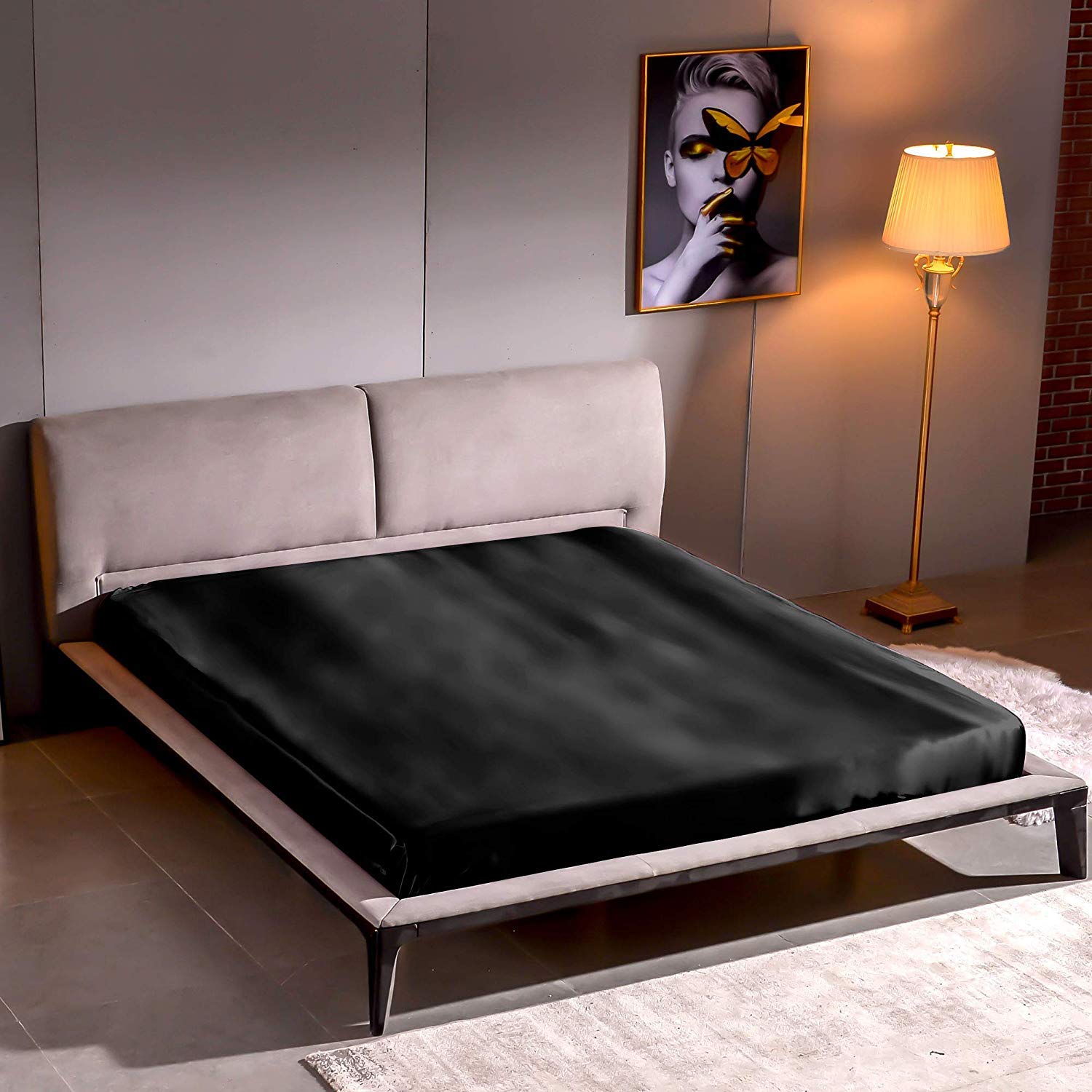 THXSILK Spannbettlaken Seide Bettlaken 160x200, 100% Reine 22 Momme Maulbeerseide Bettwäsche Spannbetttuch, Schwarz Seiden Bettlaken für Standardmatratze 30cm