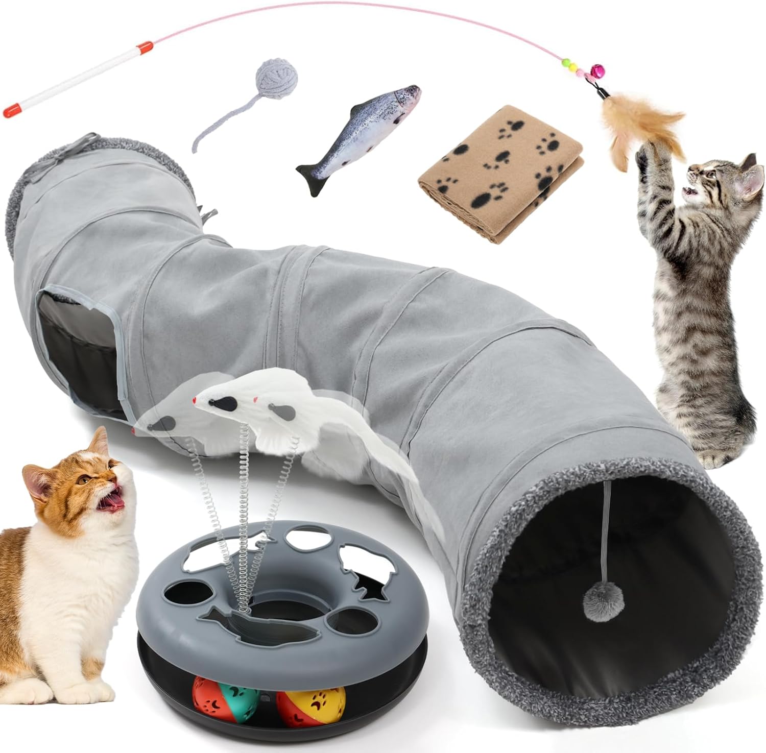 YGJT Cat Tunnel Cat Toys for Indoor Cats Adult, Interactive Toys Set with Spining Balls, Feather Wand, Fish, blanket and Ball toy, Kitten Toys for Boredom, Cat Accessories