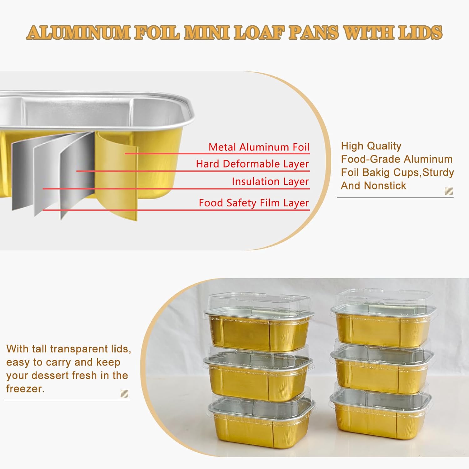 mini loaf pans with lids and spoons 50 Pack,5.5 oz Rectangle mini individual cake tins Disposable Small Aluminum Foil Baking pans(50, Gold) - Image 3