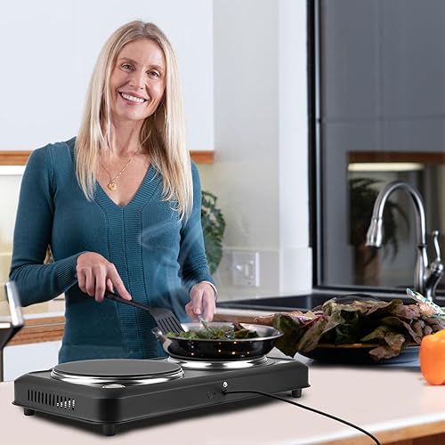 Miniatura 6 de Estufa eléctrica portátil, estufa eléctrica de doble quemador de 2000 W, quemadores infrarrojos para cocinar, quemadores dobles con placa de vidrio