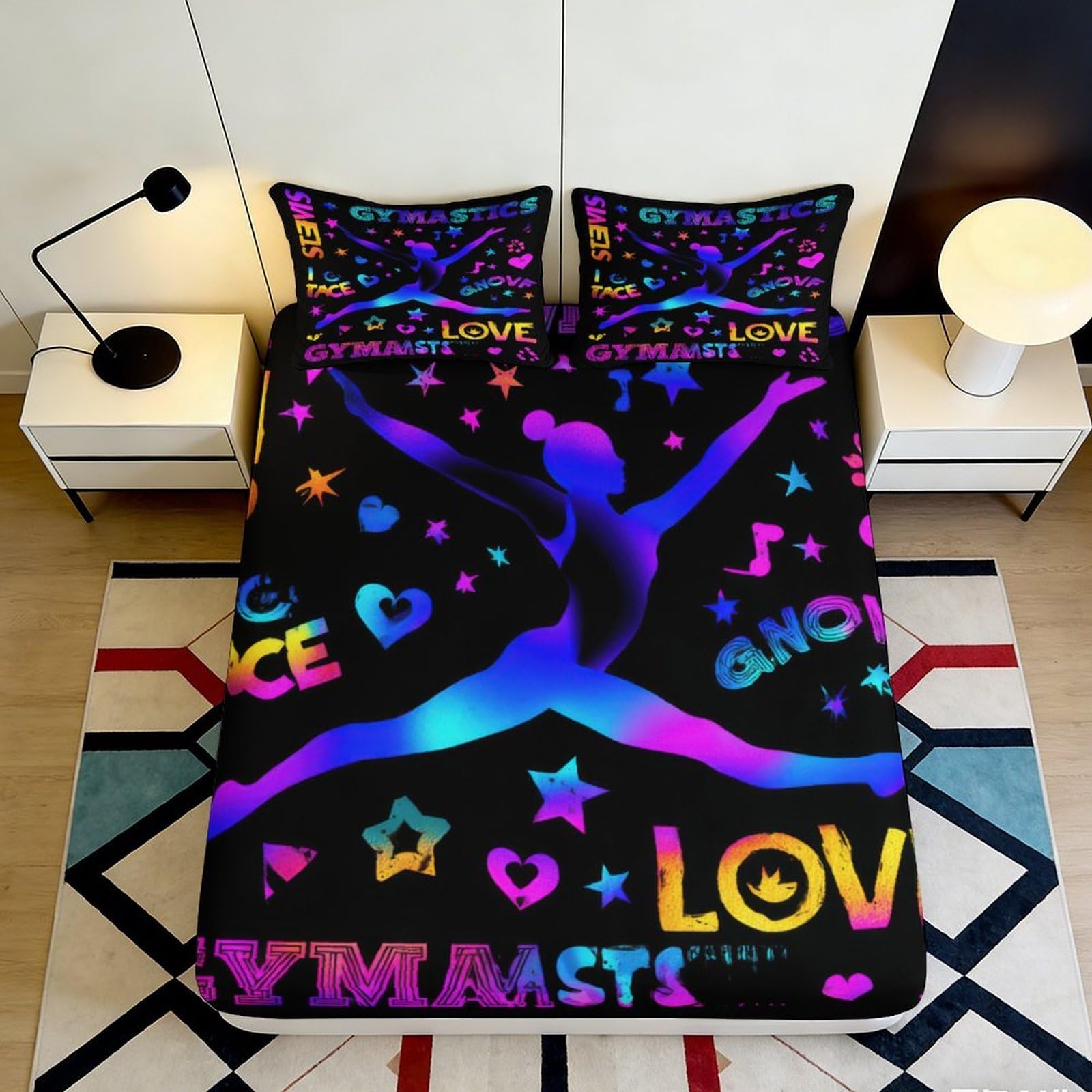 3D Printed Gymnast Silhouette Fitted Sheet Microfiber Vibrant Love Heart Bed Cover for Bedroom Dorm Decor 90x200x25cm