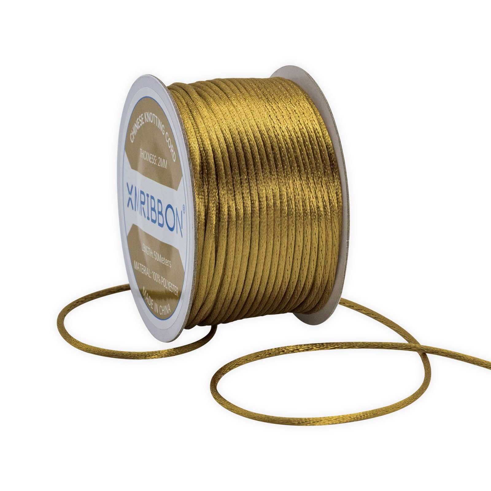 XMRIBBON 2mm Nylon Satin Cord Rat Tail Silk Cord, 50 Metres Chinese Knotting Cord for Bracelet Necklace Jewelry Making(Gold)