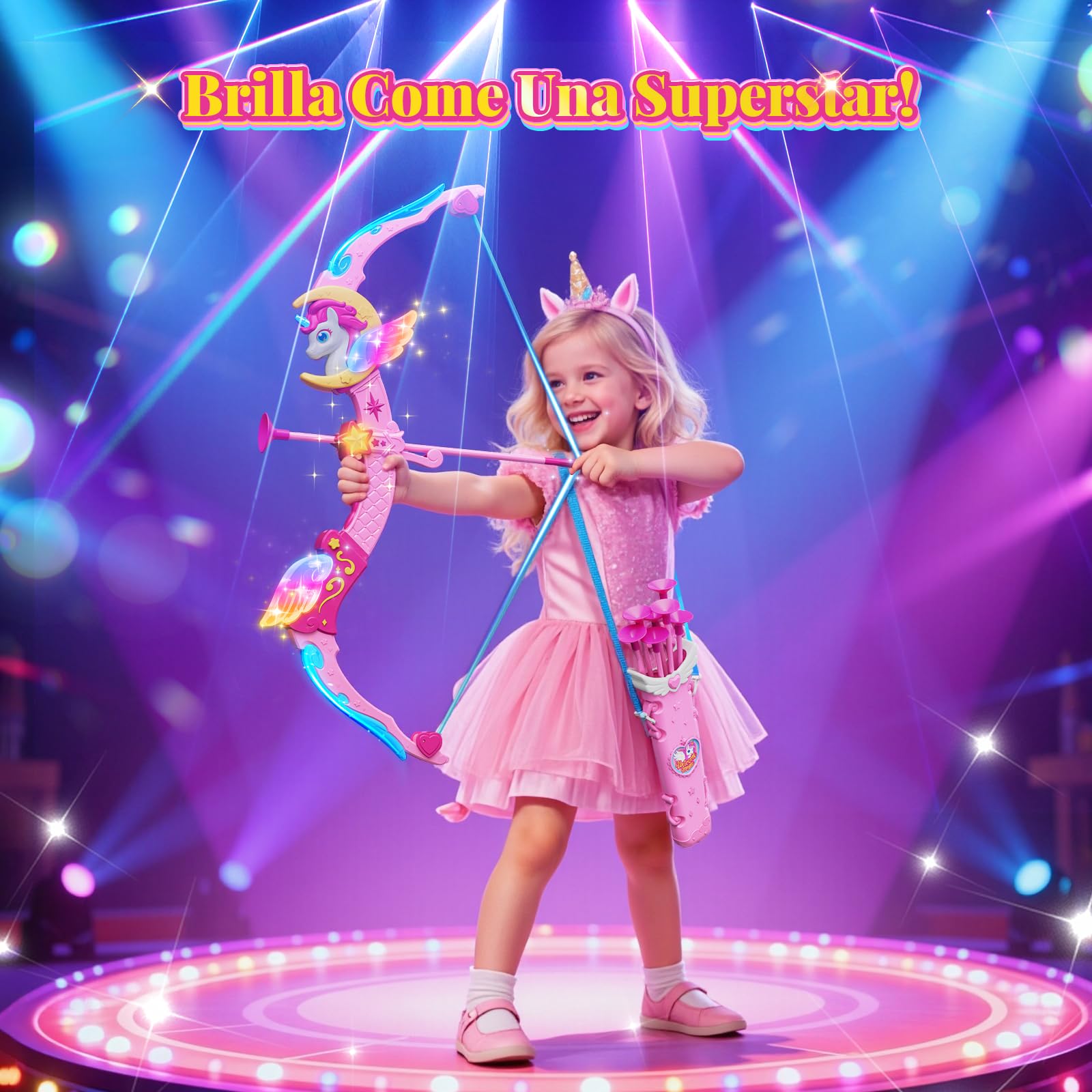Giocattolo Unicorno per Bambina 3-12 Anni, ArcoFrecce con 6 Luci Magiche, Carquino da Sogno, Bersaglio Principessa, 8 Frecce Rosa a Ventosa, Giochi Natale Compleanno Regalo Bimba 3 4 5 6 7 8 9 10 Anni