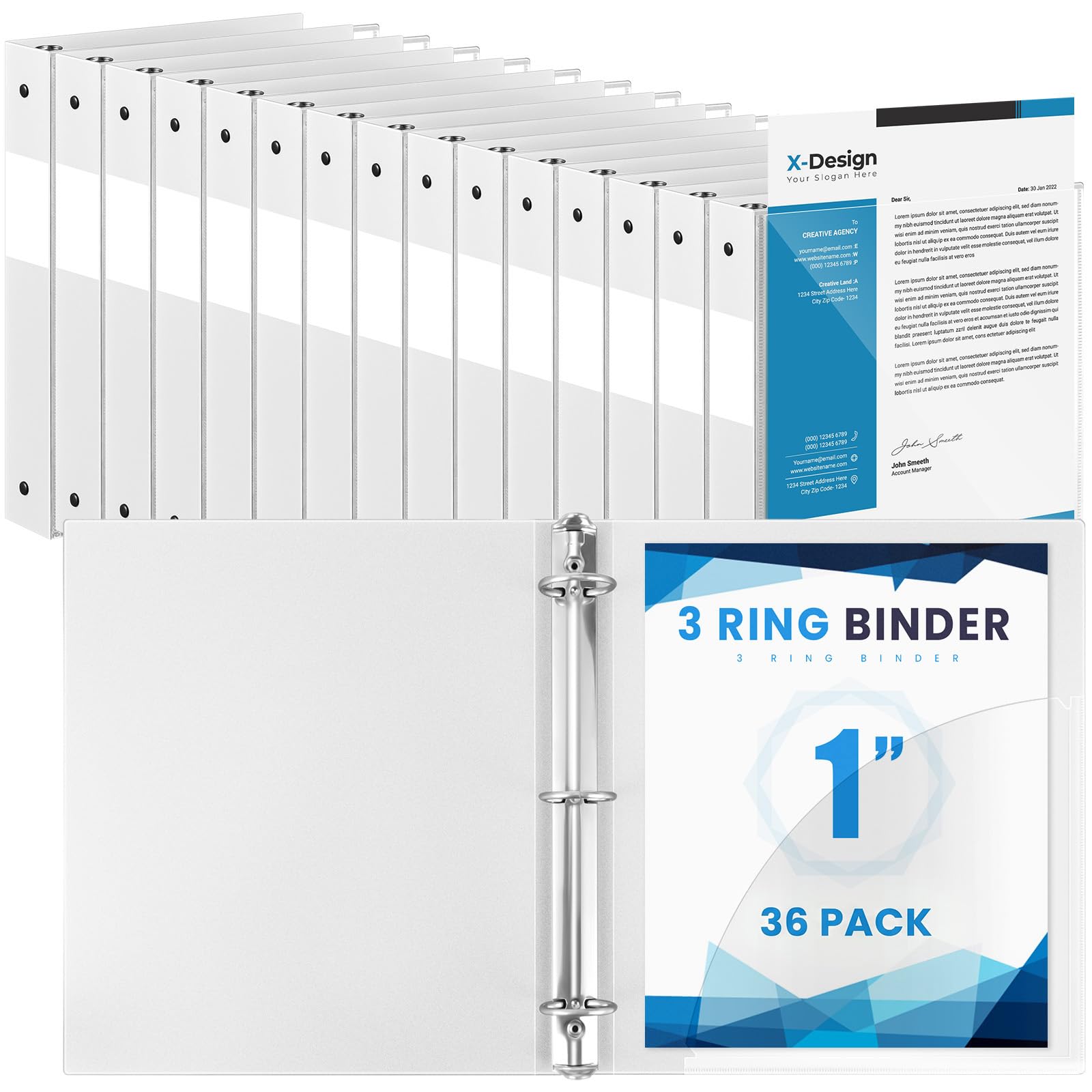Henoyso 36 Pack 1 Inch 3 Ring Binder with Clear Cover Fit Letter Size 8.5" x 11" Paper Holds 240 Sheets, Bulk Binders for Organizing School, Office & Classroom Documents, 1 Pocket (White)