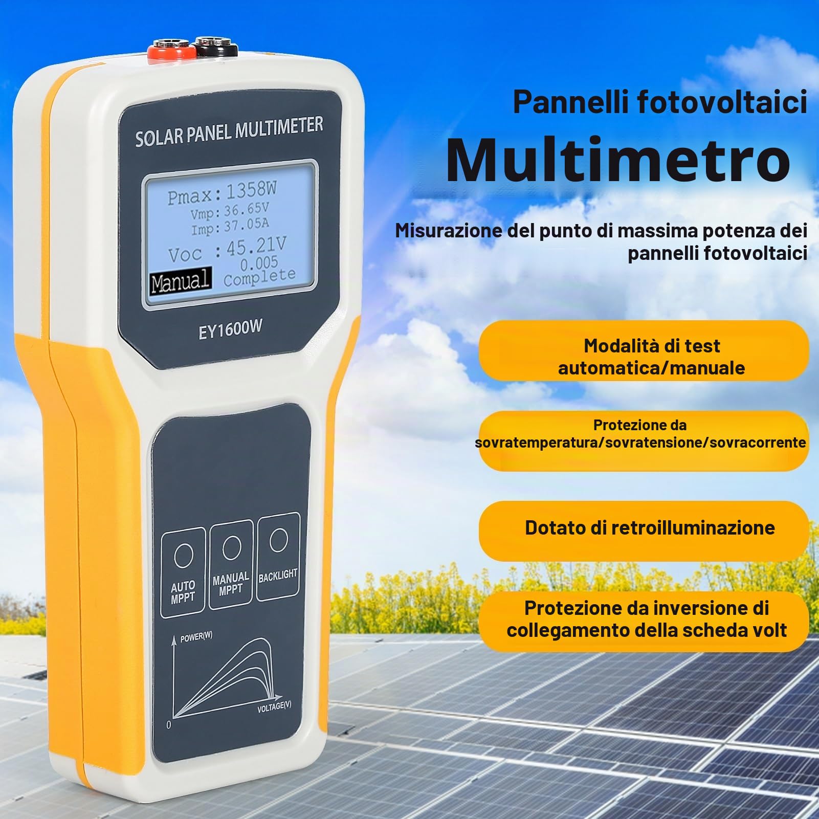 Jadeshay Multimetro per Pannelli Solari Fotovoltaici,1600W Multimetro per Pannello Solare Fotovoltaico LCD Tester del Punto di Massima Potenza Tester MPPT di Tensione e Corrente
