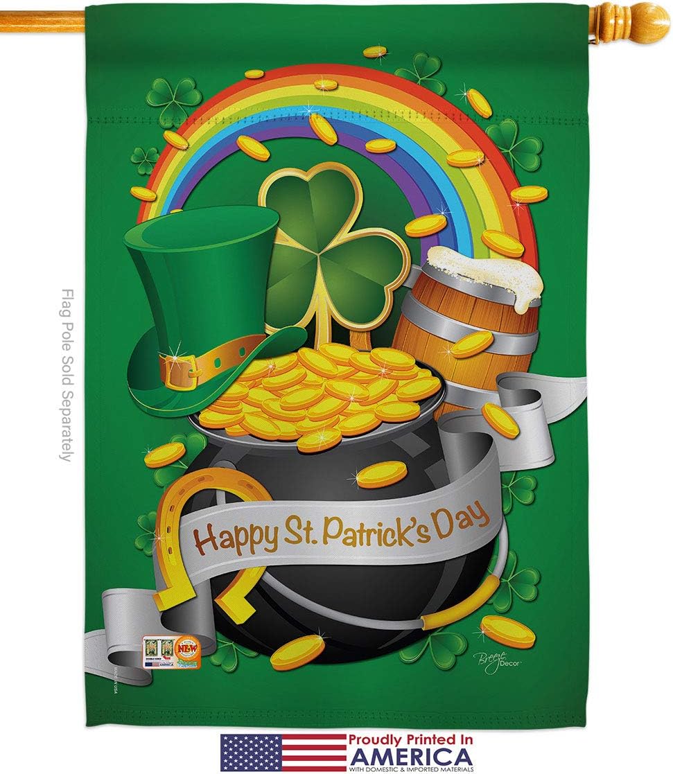 Happy St Patricks Day House Flag Springtime Patrick Shamrock Leprechaun Lucky Coin Holiday March Irish Clover Small Decorative Gift Yard Banner Made In USA 28 X 40