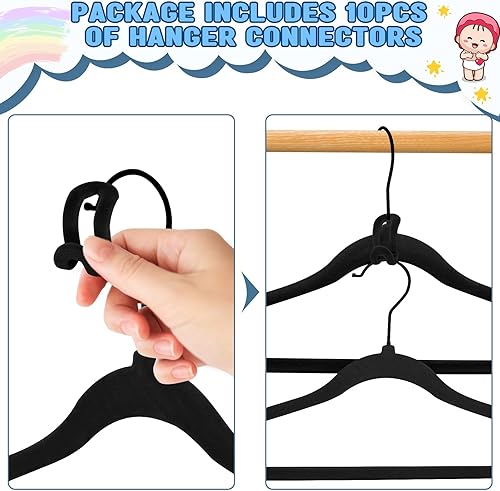 Miniatura 4 de Perchas de terciopelo para niños, paquete de 60 perchas de fieltro antideslizantes de 11.8 pulgadas con gancho negro, perchas para ropa que ahorran