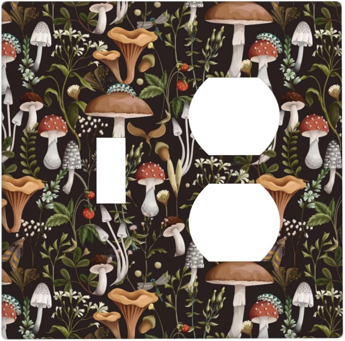 Boho Mushroom Single Duplex Outlet Light Switch Plate Cover Decor Wall Plate Decorative Outlet Cover For Home Bedroom Kitchen 4.5 * 2.76 Inches