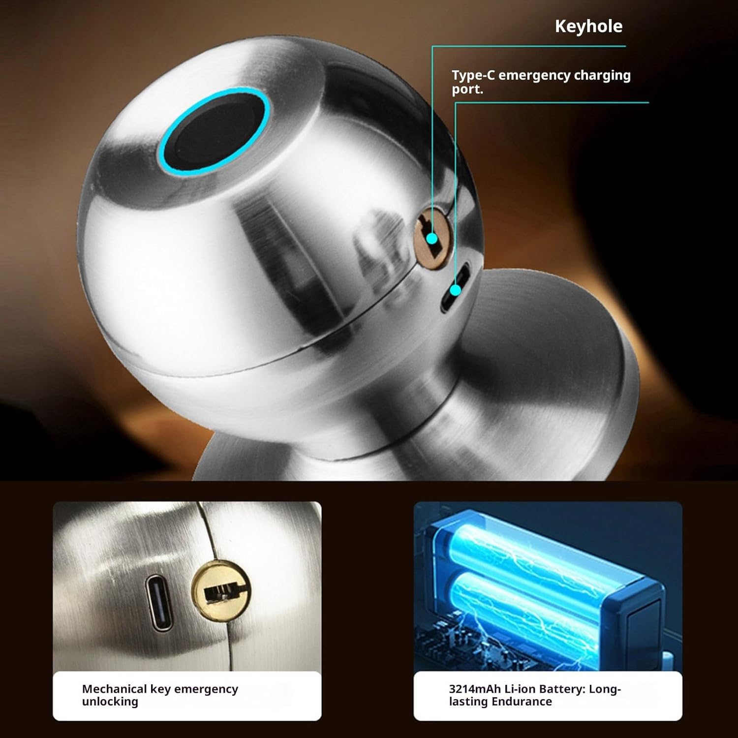 Metal Globular Fingerprint Security Hook Fast Biometry Access Mobile Application Connection Effortless Installation Long Durability Battery Execution Biometry Sphere Hook