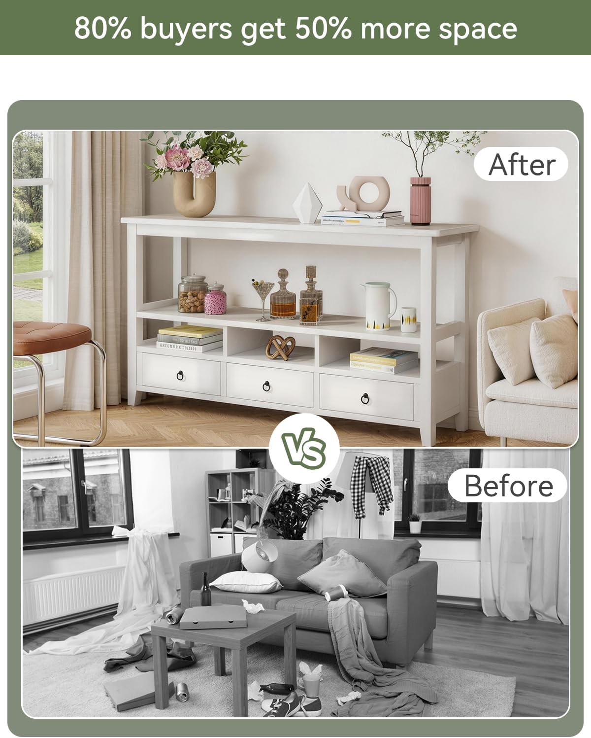 Karl home Console Table with 3 Bottom Drawers, 57.9" W Sofa Side Table Entryway Desk with 3 Storage Cubbies 1 Open Shelf, Vintage TV Stand for Hallway Living Room Office, White 29.9" H