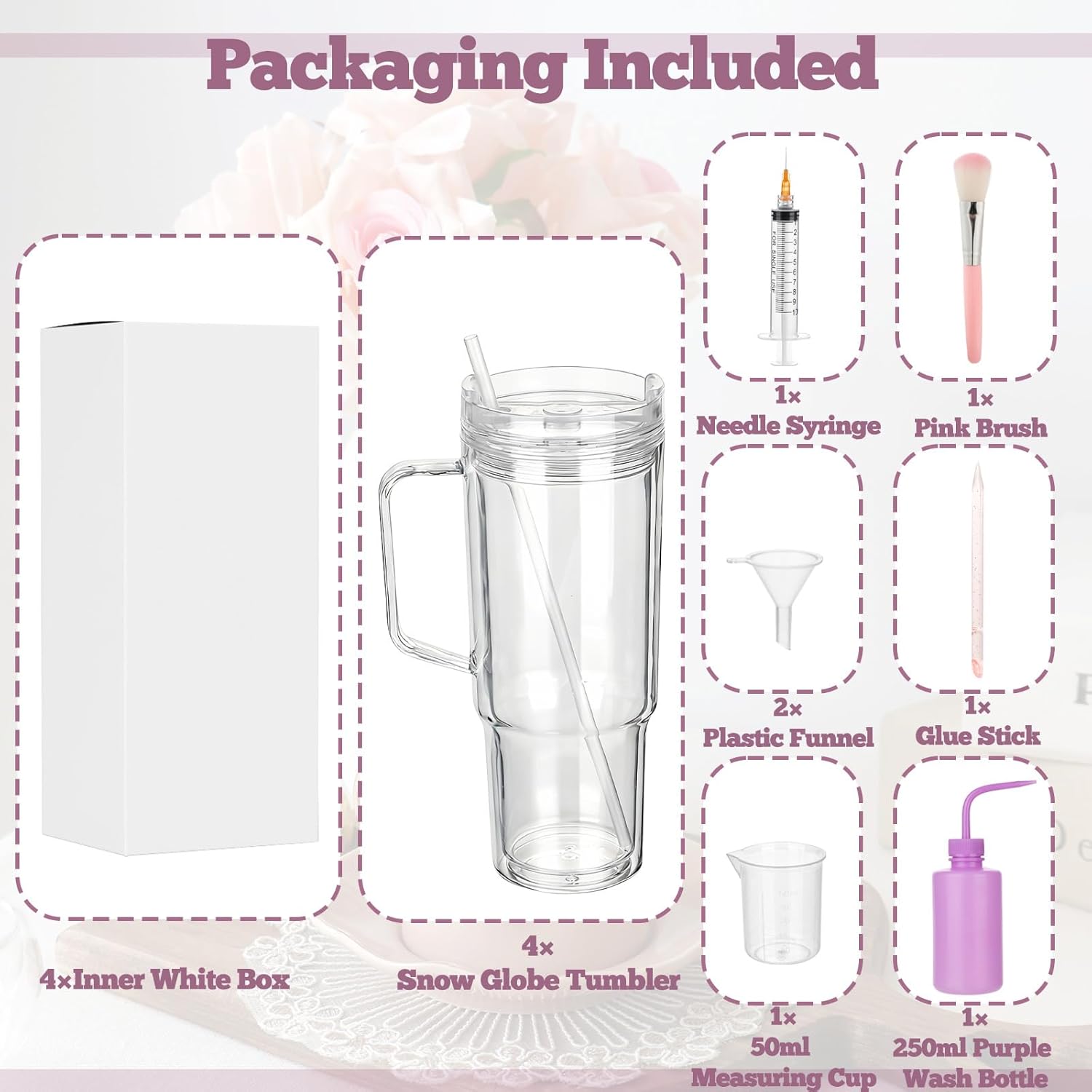 40 Oz Snow Globe Tumbler Supplies 4 Pack Acrylic Snowglobe Tumblers Cups with Handle Clear Pre-Drilled Double Wall Snow Globe Tumbler Starter Kit for DIY Glitter Tumblers