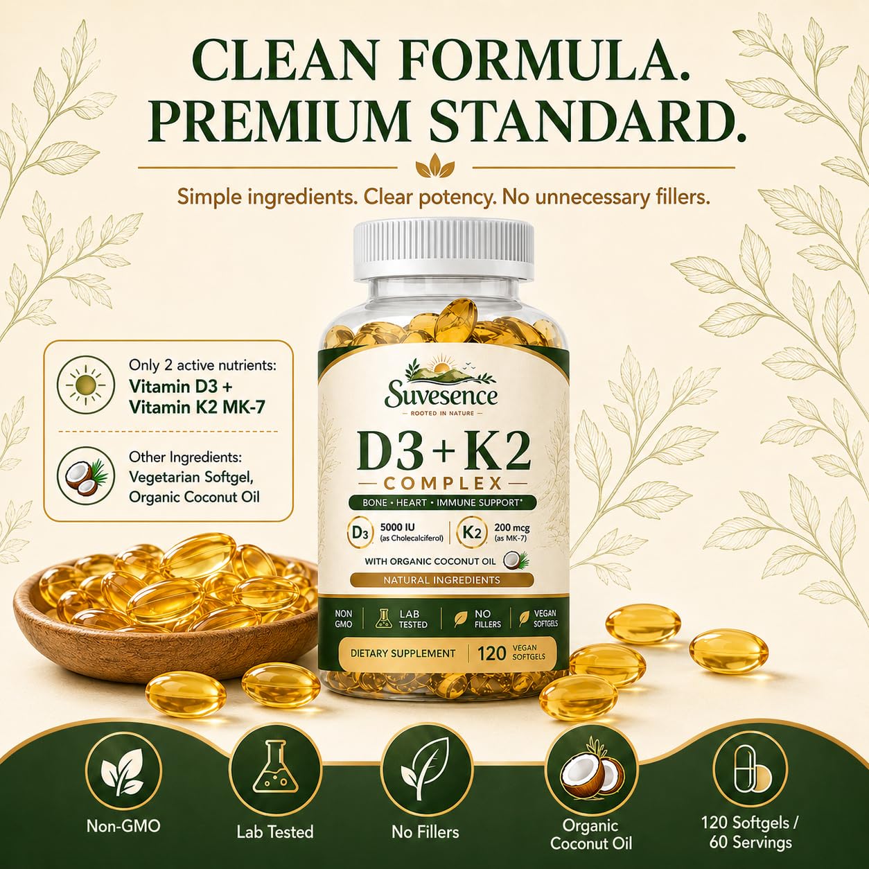 High Potency Vitamin D3 + K2 200 Natural Supplement, 120 Veggie Softgels — Amazon image 5